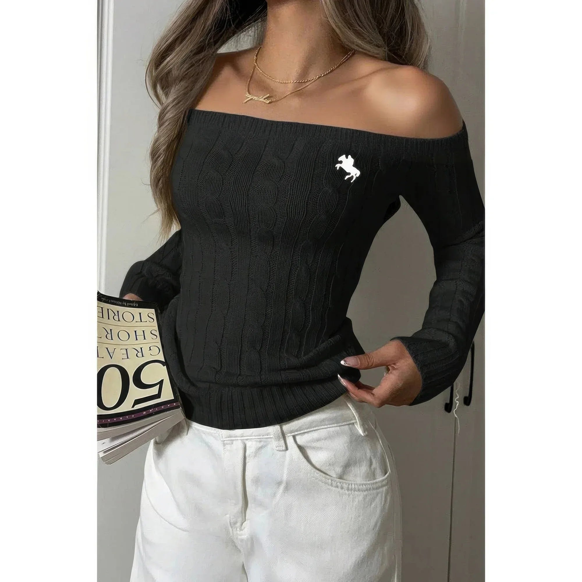 Off Shoulder Cable Knit Solid Long Sleeves Sweater | Mixtshop LLC