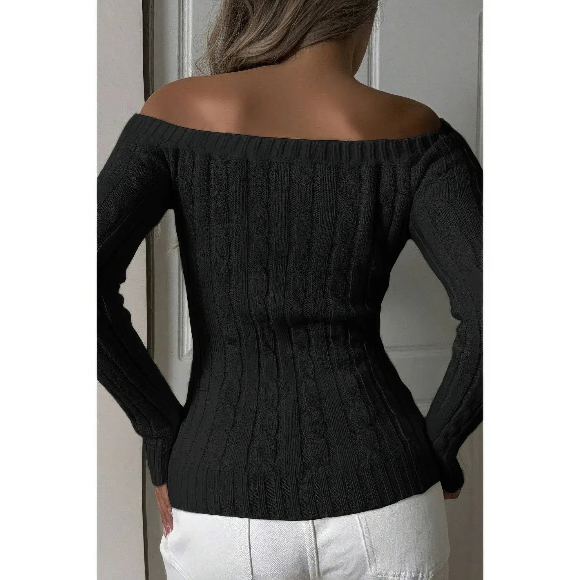 Off Shoulder Cable Knit Solid Long Sleeves Sweater | Mixtshop LLC