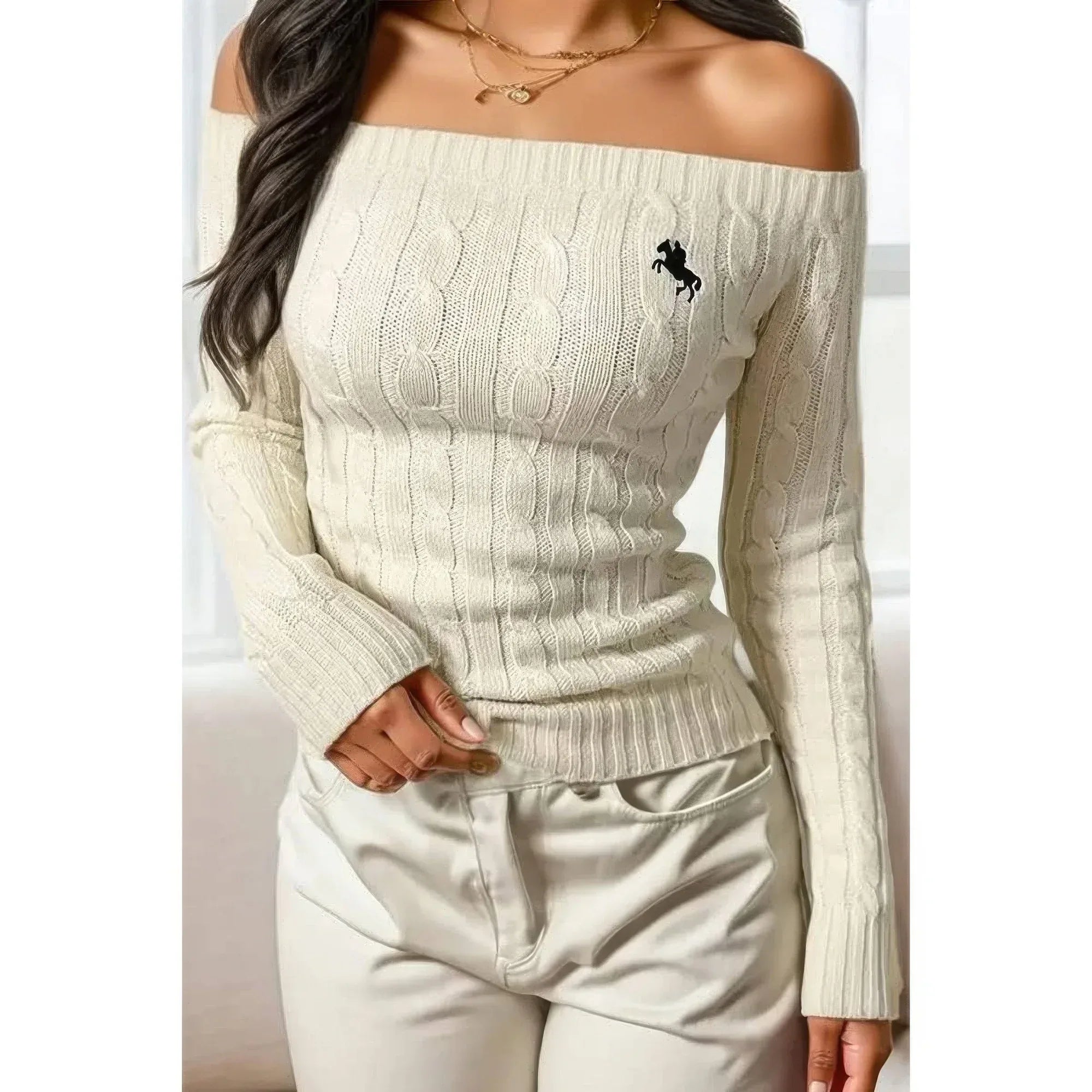 Off Shoulder Cable Knit Solid Long Sleeves Sweater | Mixtshop LLC