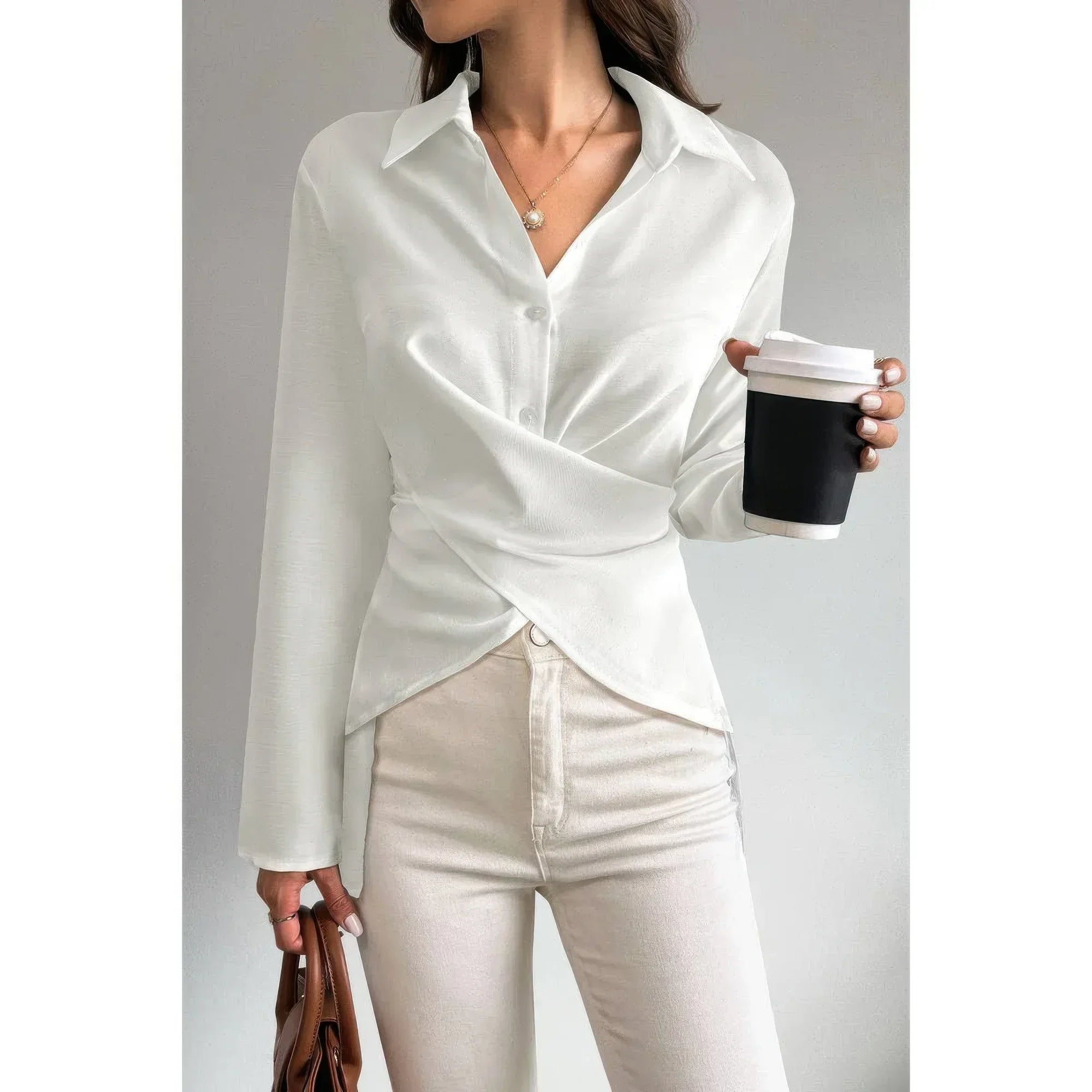 Solid Crossed Button Long Sleeve Blouse | Mixtshop LLC