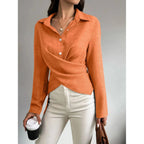 Solid Crossed Button Long Sleeve Blouse | Mixtshop LLC