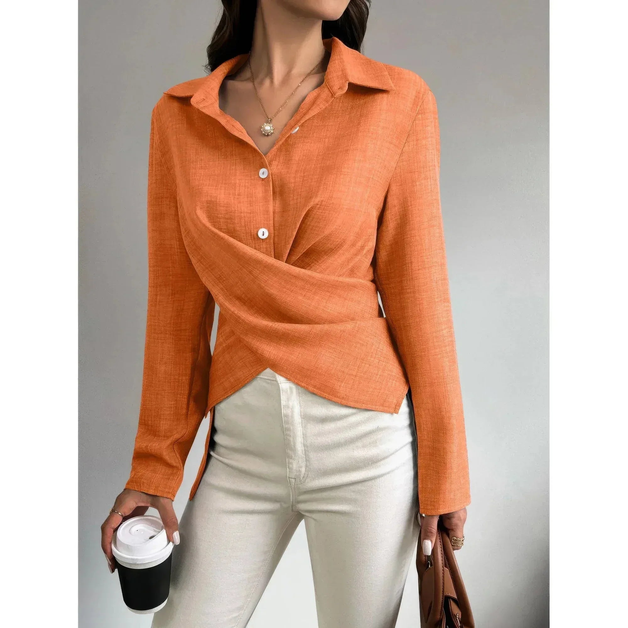Solid Crossed Button Long Sleeve Blouse | Mixtshop LLC