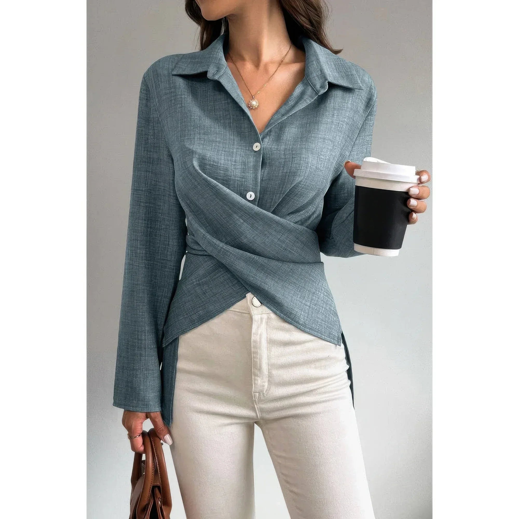 Solid Crossed Button Long Sleeve Blouse | Mixtshop LLC