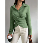 Solid Crossed Button Long Sleeve Blouse | Mixtshop LLC