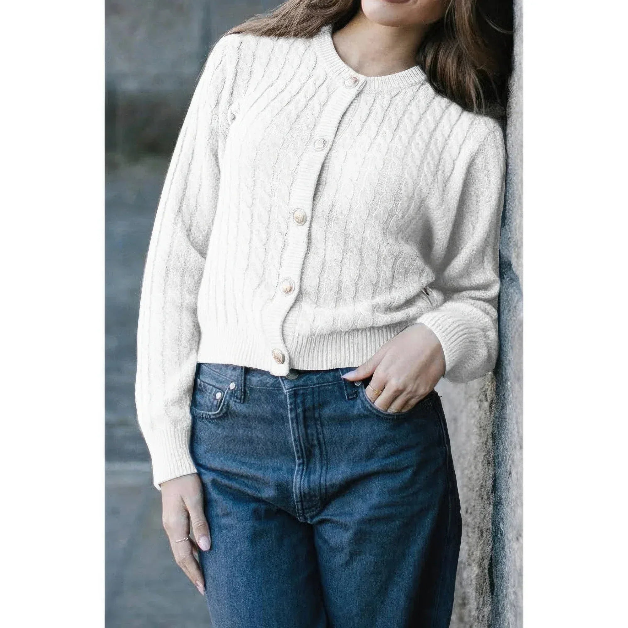 Solid Round Neck Knit Button Cable Sweater | Mixtshop LLC