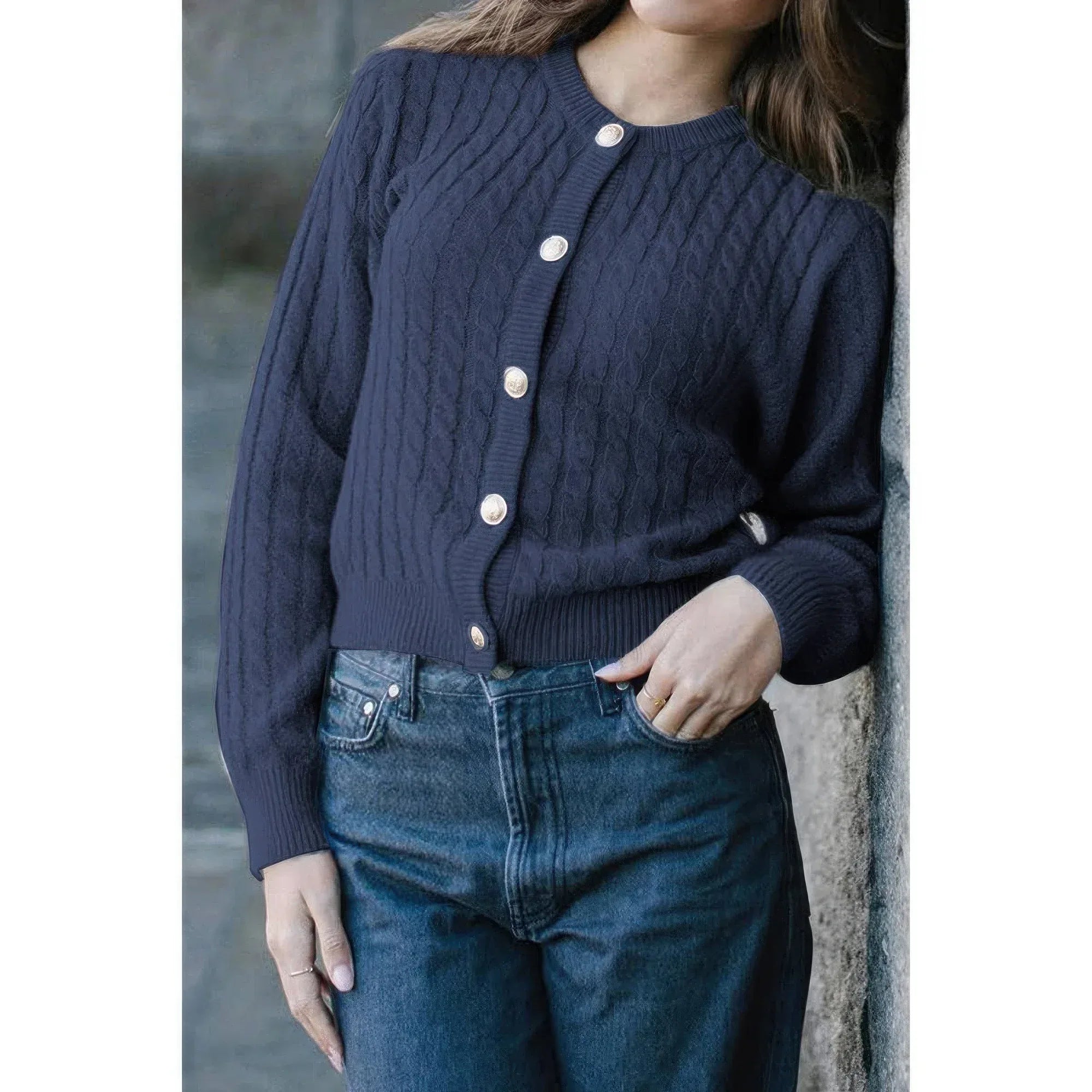 Solid Round Neck Knit Button Cable Sweater | Mixtshop LLC
