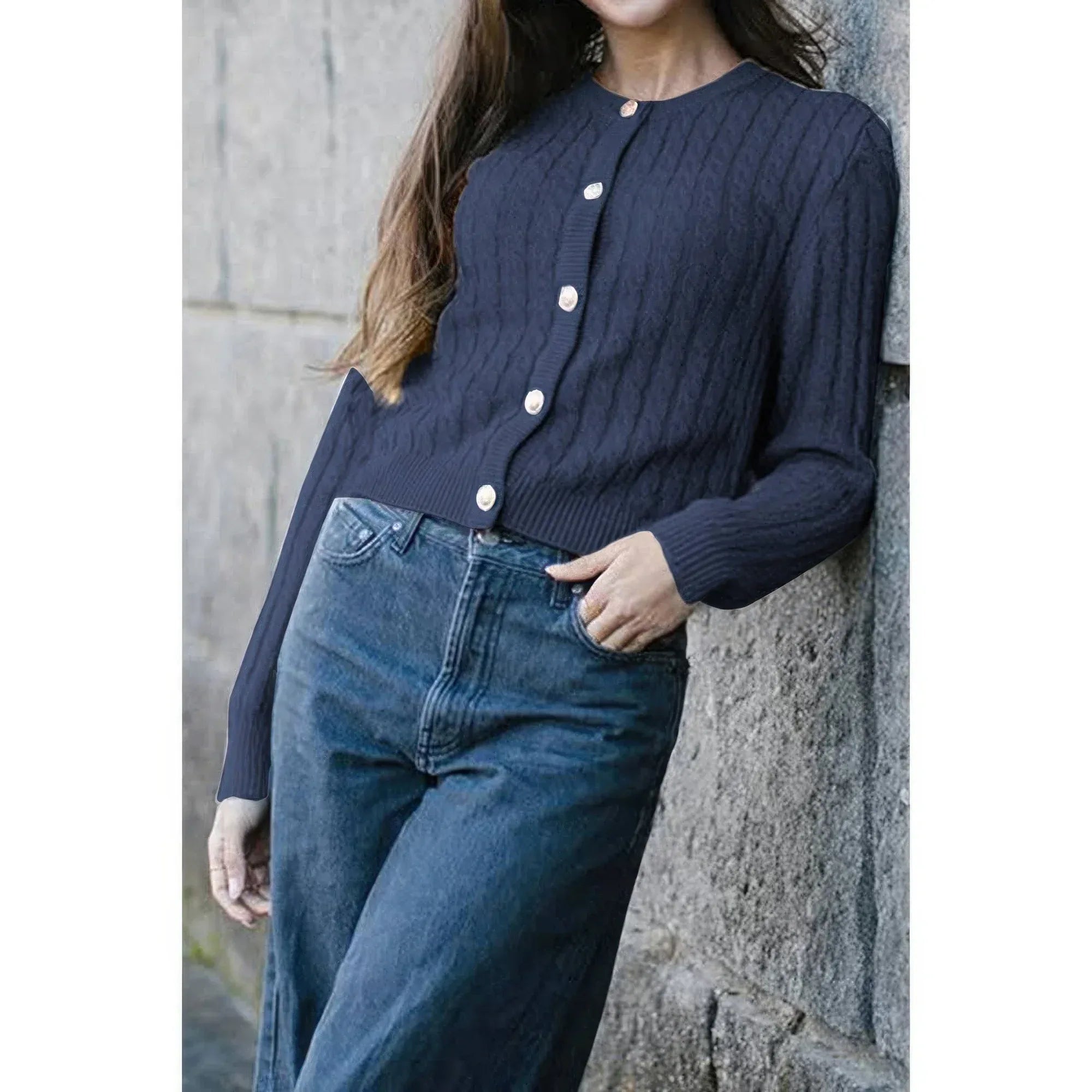 Solid Round Neck Knit Button Cable Sweater | Mixtshop LLC