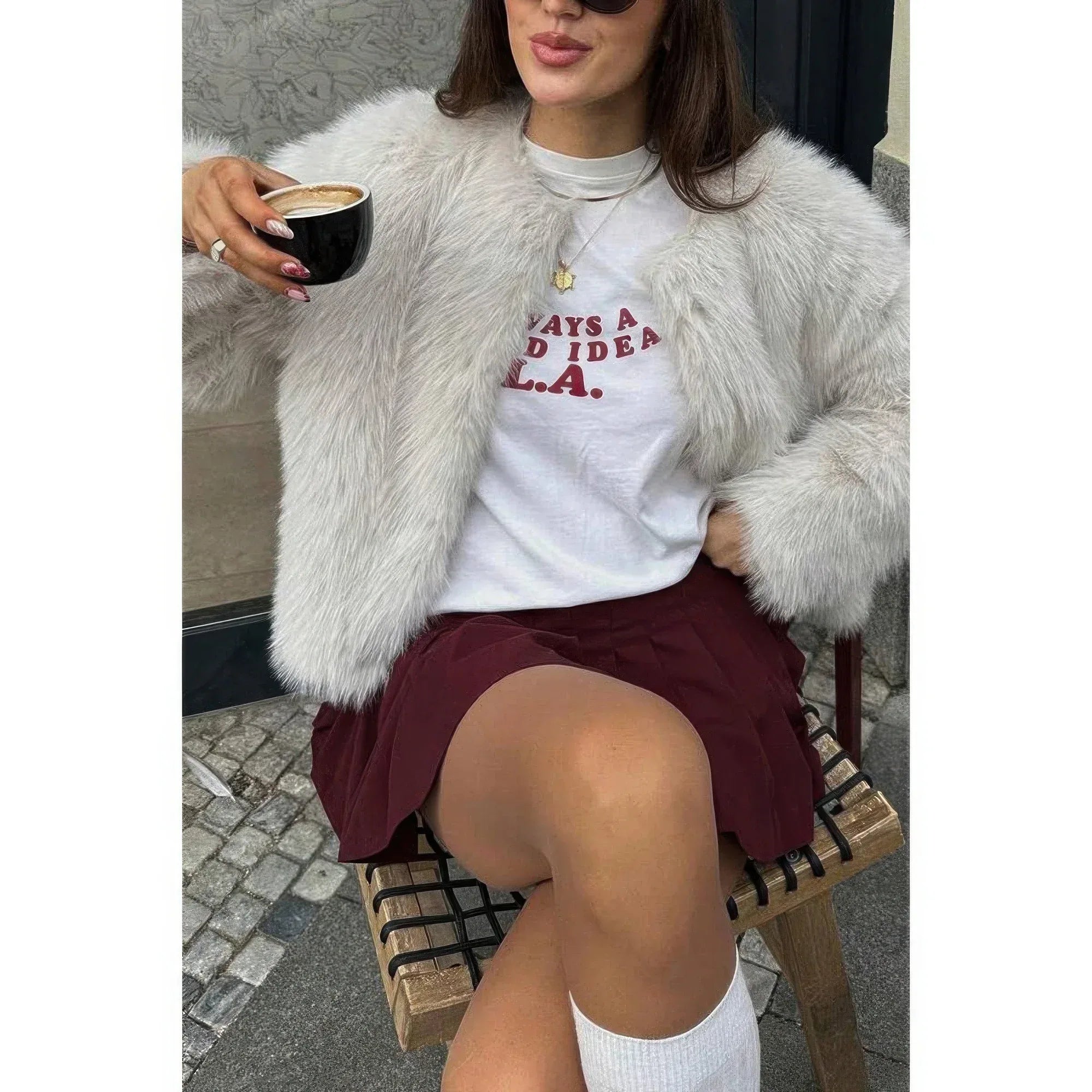 Solid Round Neck Lomh Sleeves Fluffy Jacket | Mixtshop LLC