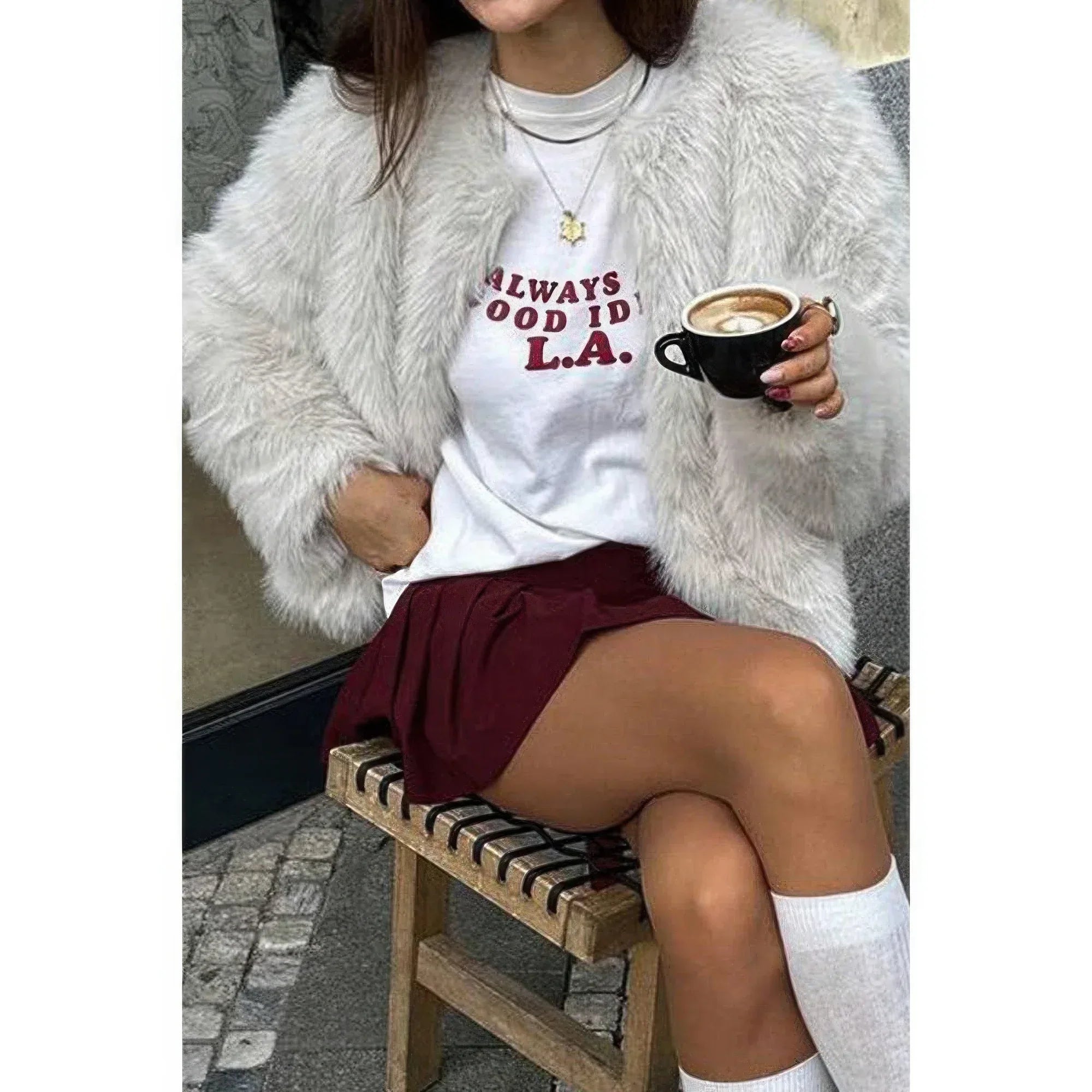 Solid Round Neck Lomh Sleeves Fluffy Jacket | Mixtshop LLC