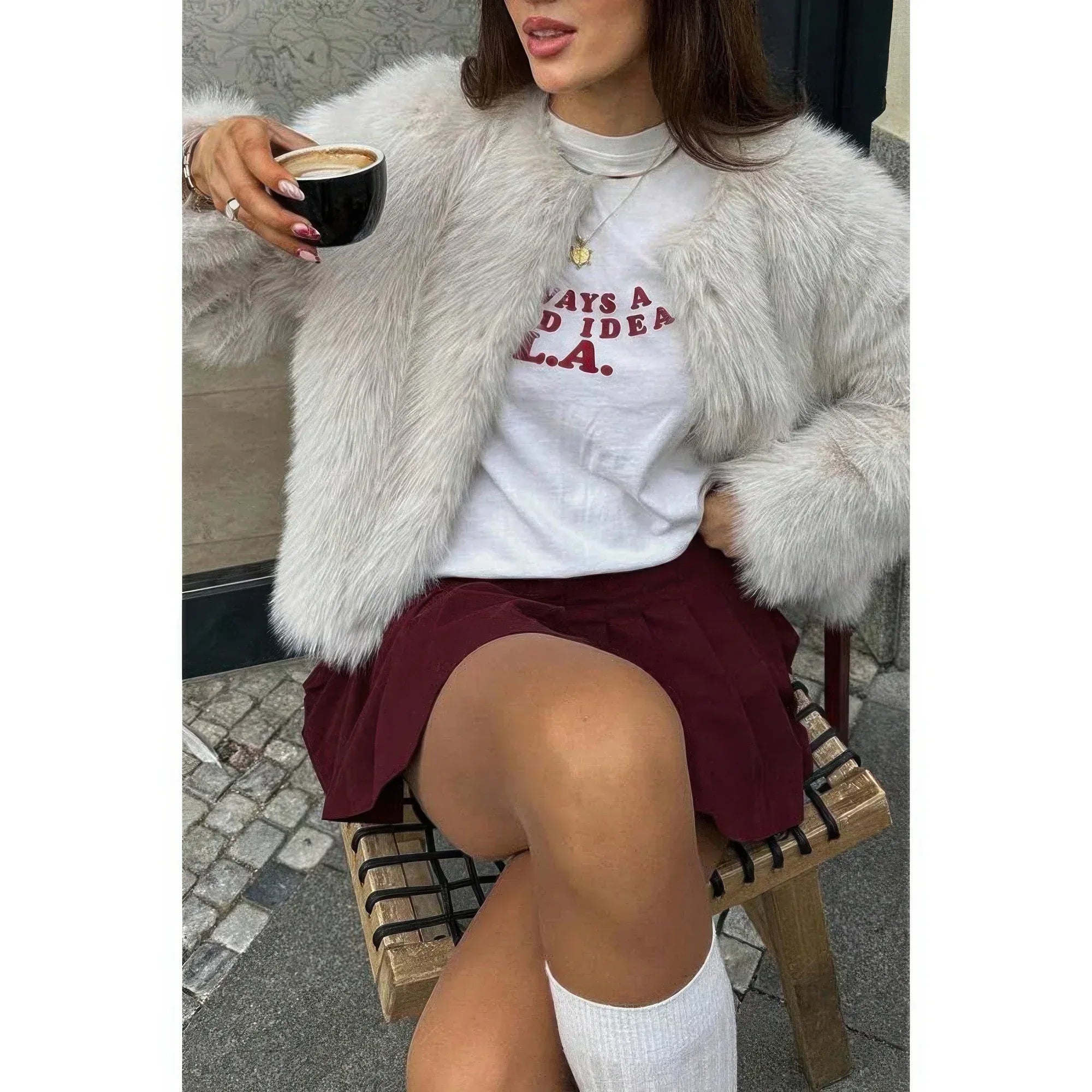 Solid Round Neck Lomh Sleeves Fluffy Jacket | Mixtshop LLC