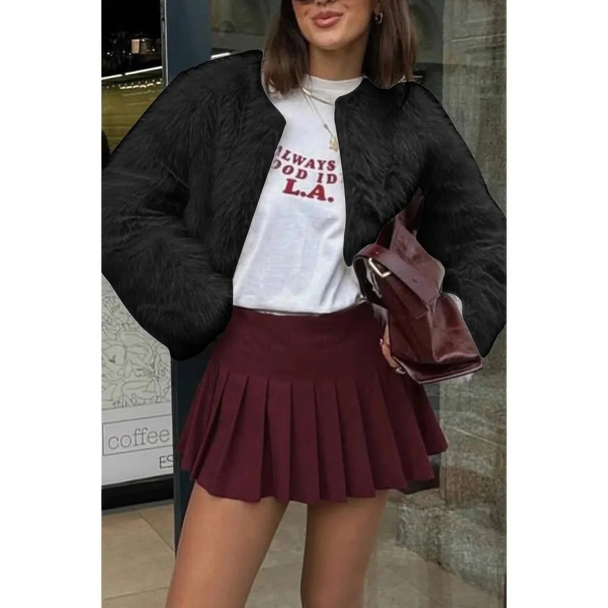 Solid Round Neck Lomh Sleeves Fluffy Jacket | Mixtshop LLC