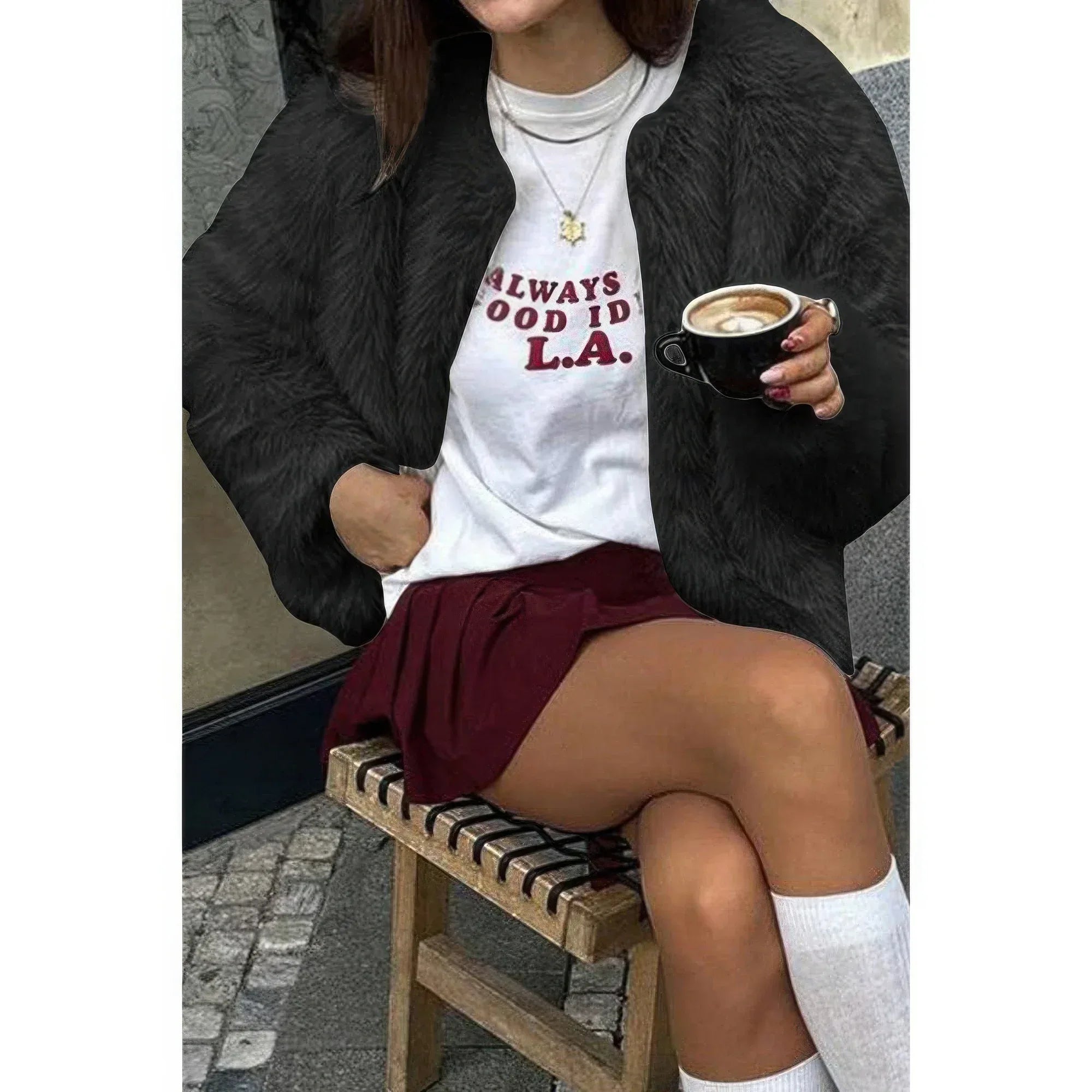 Solid Round Neck Lomh Sleeves Fluffy Jacket | Mixtshop LLC