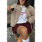 Solid Round Neck Lomh Sleeves Fluffy Jacket | Mixtshop LLC