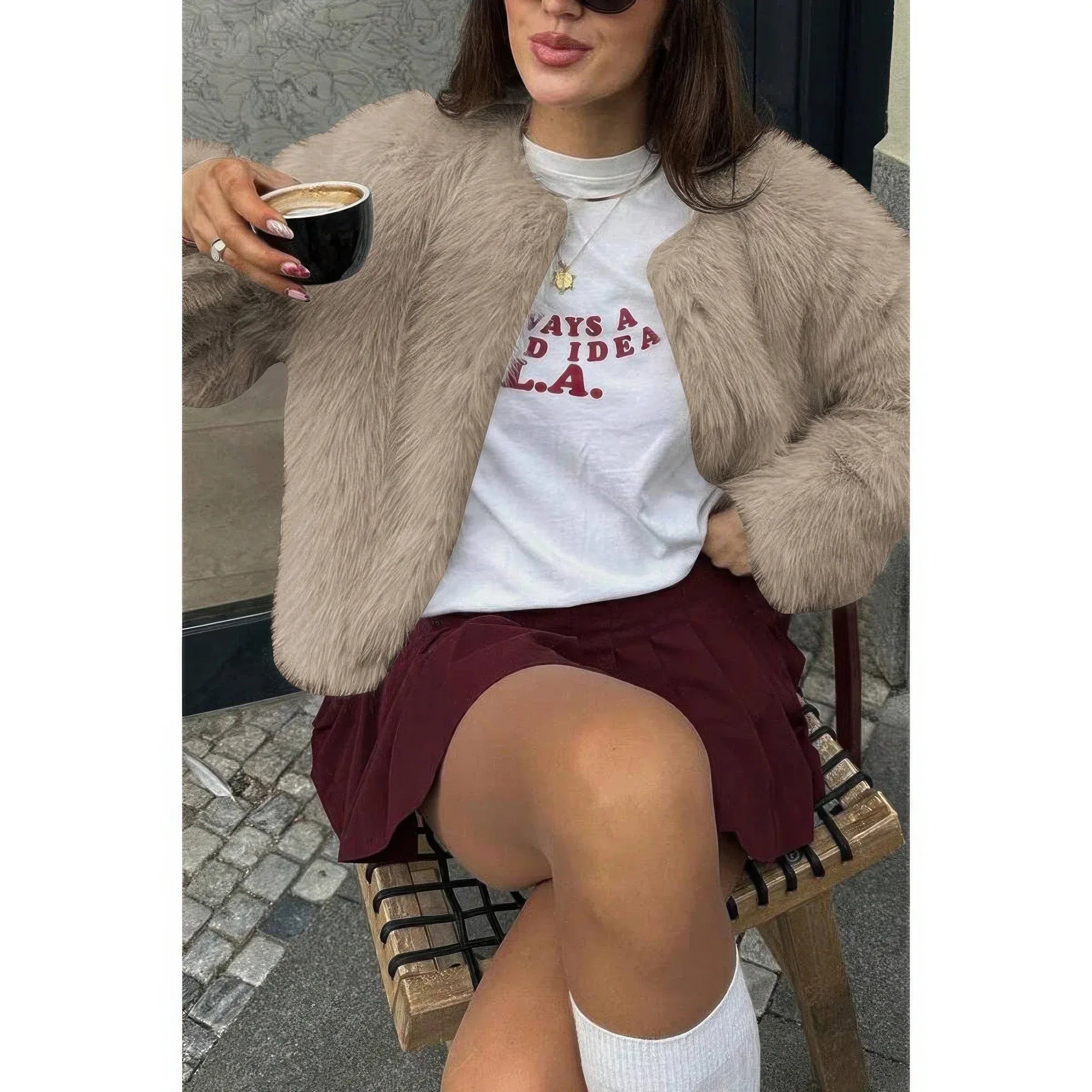 Solid Round Neck Lomh Sleeves Fluffy Jacket | Mixtshop LLC