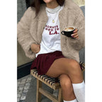 Solid Round Neck Lomh Sleeves Fluffy Jacket | Mixtshop LLC