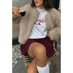 Solid Round Neck Lomh Sleeves Fluffy Jacket | Mixtshop LLC