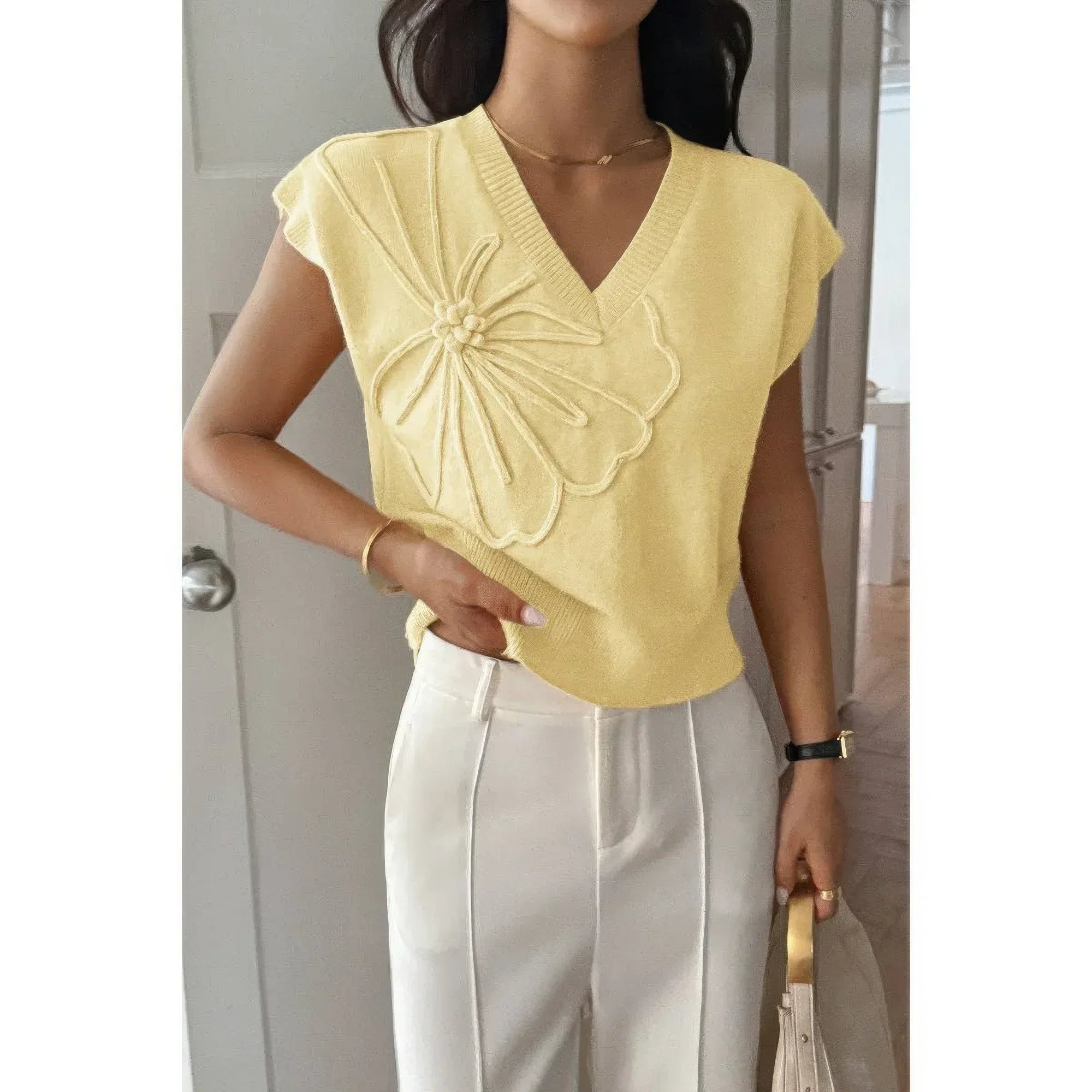 Solid V Neck Sleeveless Knit Loose Vest | Mixtshop LLC
