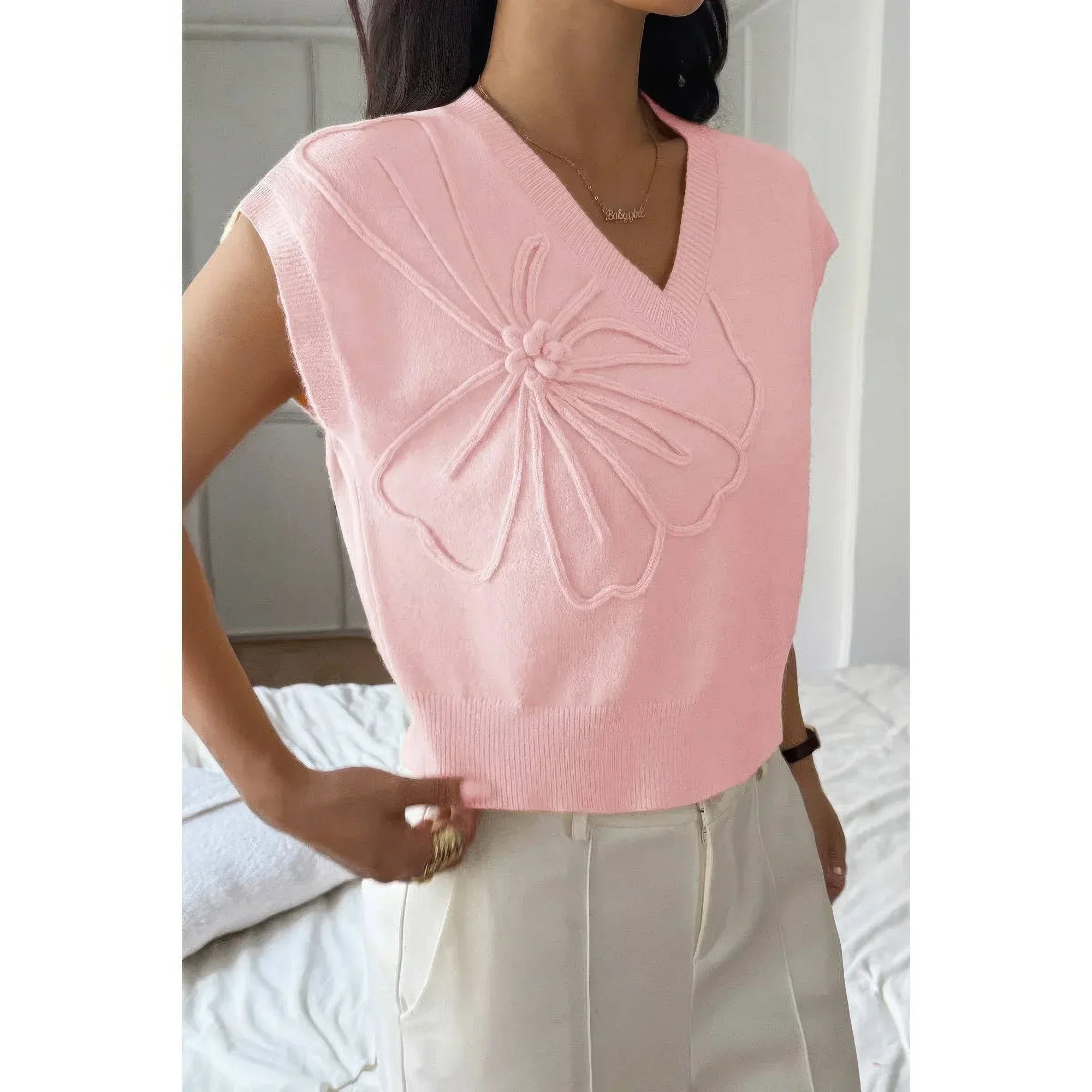 Solid V Neck Sleeveless Knit Loose Vest | Mixtshop LLC