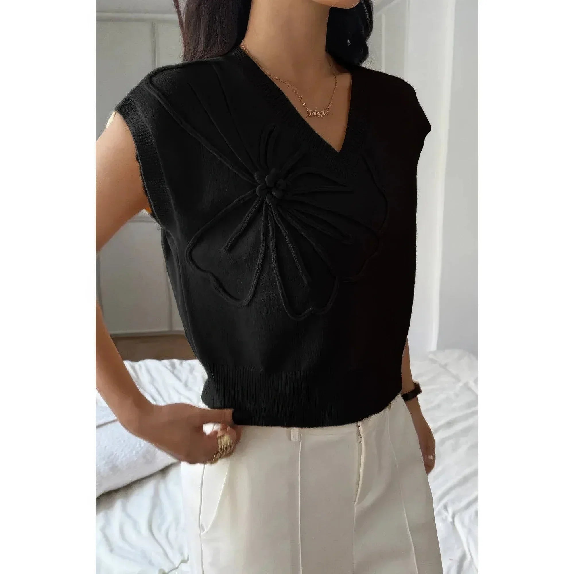 Solid V Neck Sleeveless Knit Loose Vest | Mixtshop LLC