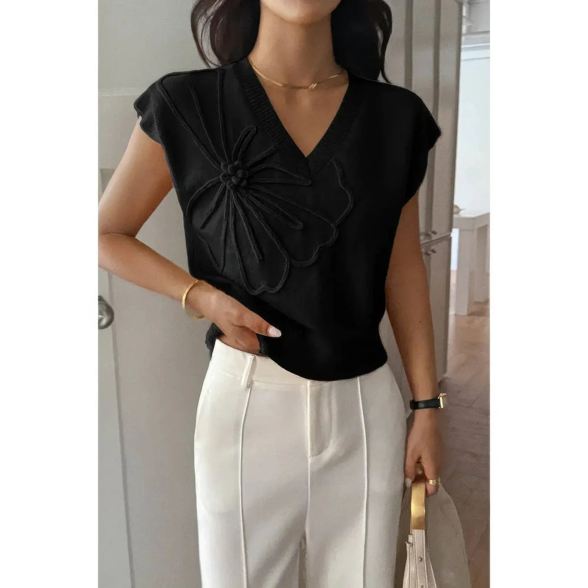 Solid V Neck Sleeveless Knit Loose Vest | Mixtshop LLC