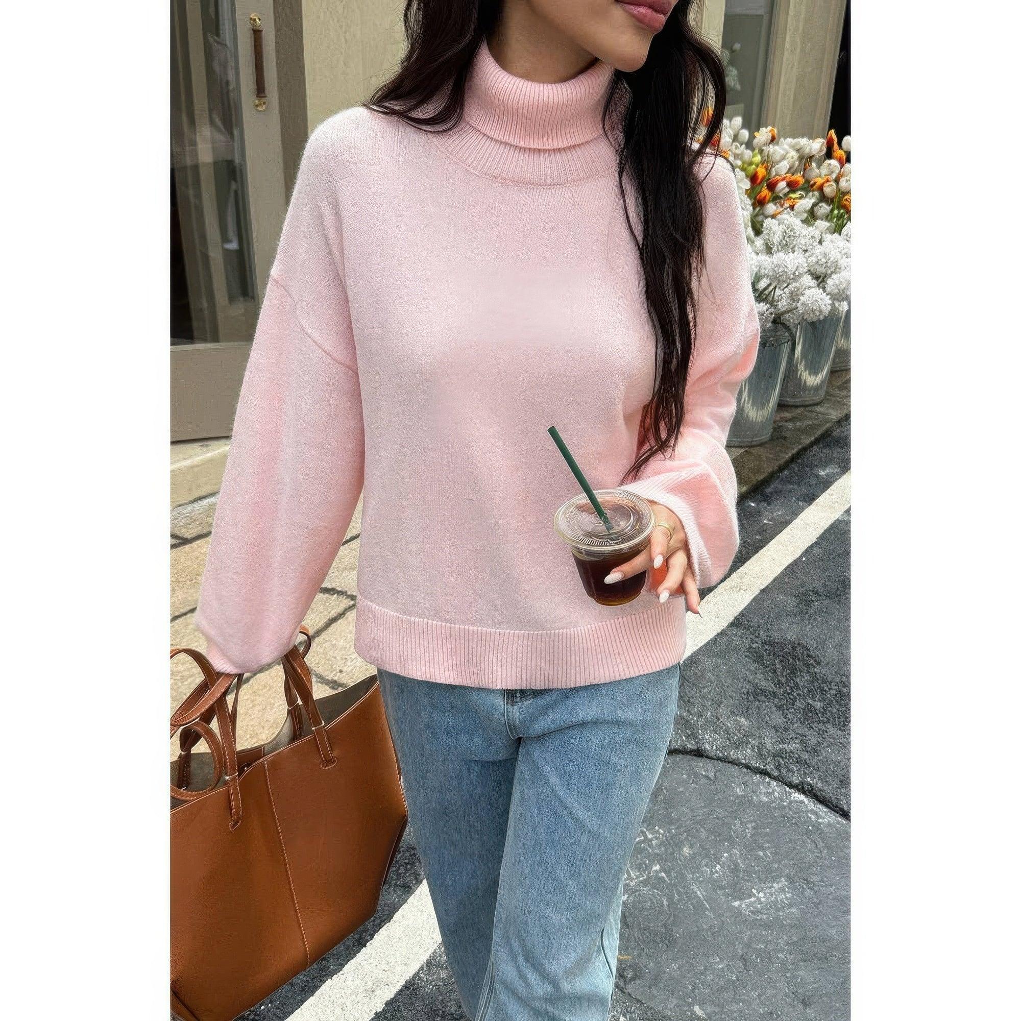Solid Knit High Neck Drop Shoulder Sweater | Mixtshop LLC