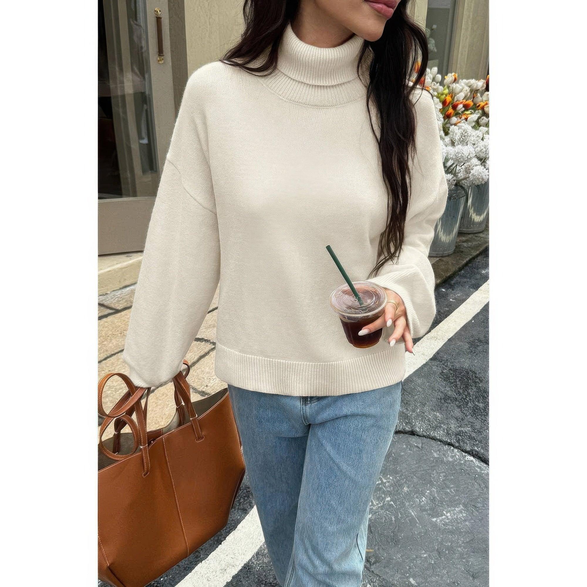 Solid Knit High Neck Drop Shoulder Sweater | Mixtshop LLC