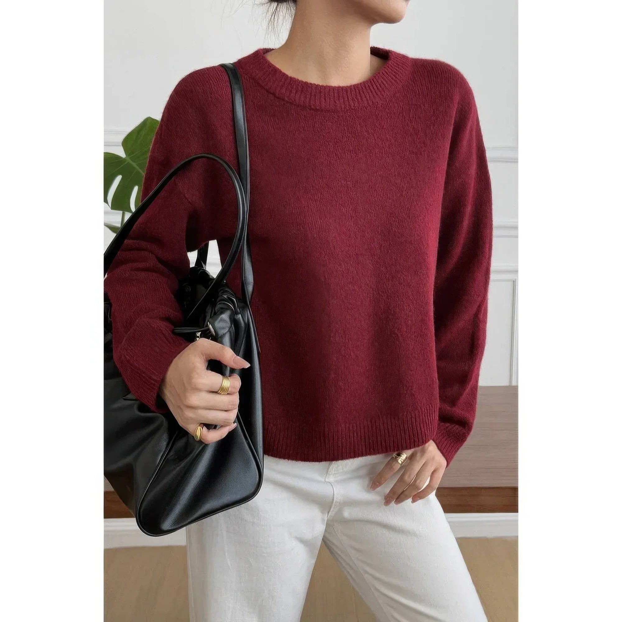 Solid Round Neck Long Sleeve Drop Shoulder Sweater | Mixtshop LLC