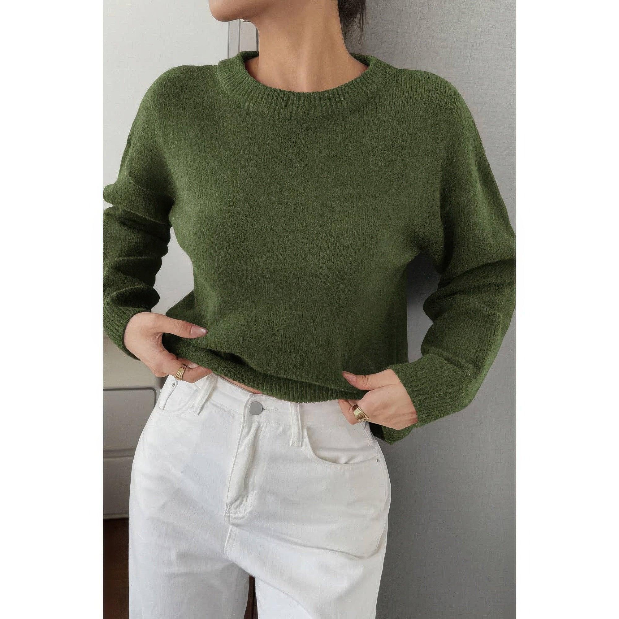 Solid Round Neck Long Sleeve Drop Shoulder Sweater | Mixtshop LLC