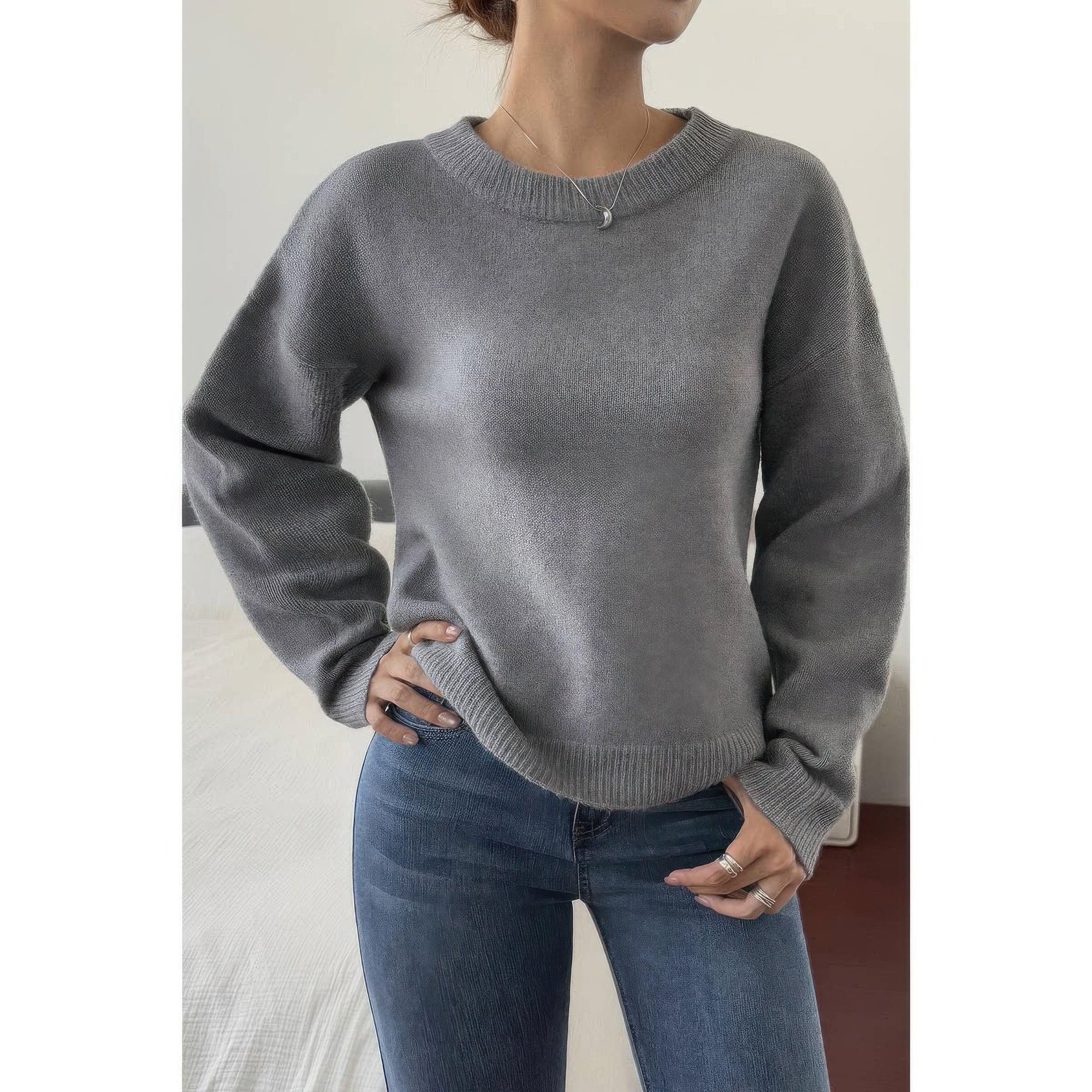Solid Round Neck Long Sleeve Drop Shoulder Sweater | Mixtshop LLC