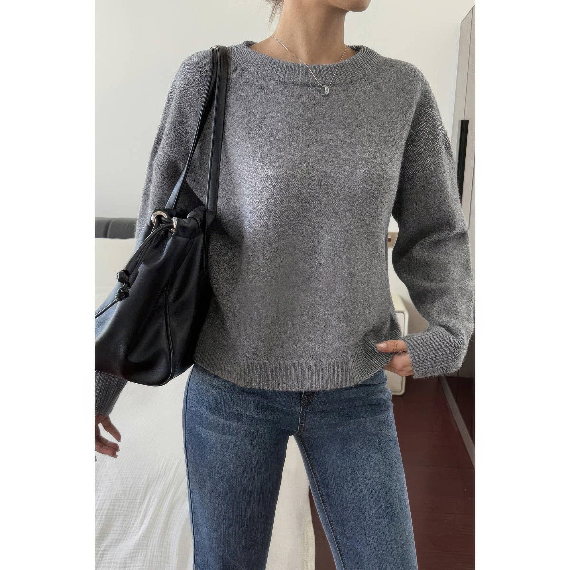 Solid Round Neck Long Sleeve Drop Shoulder Sweater | Mixtshop LLC