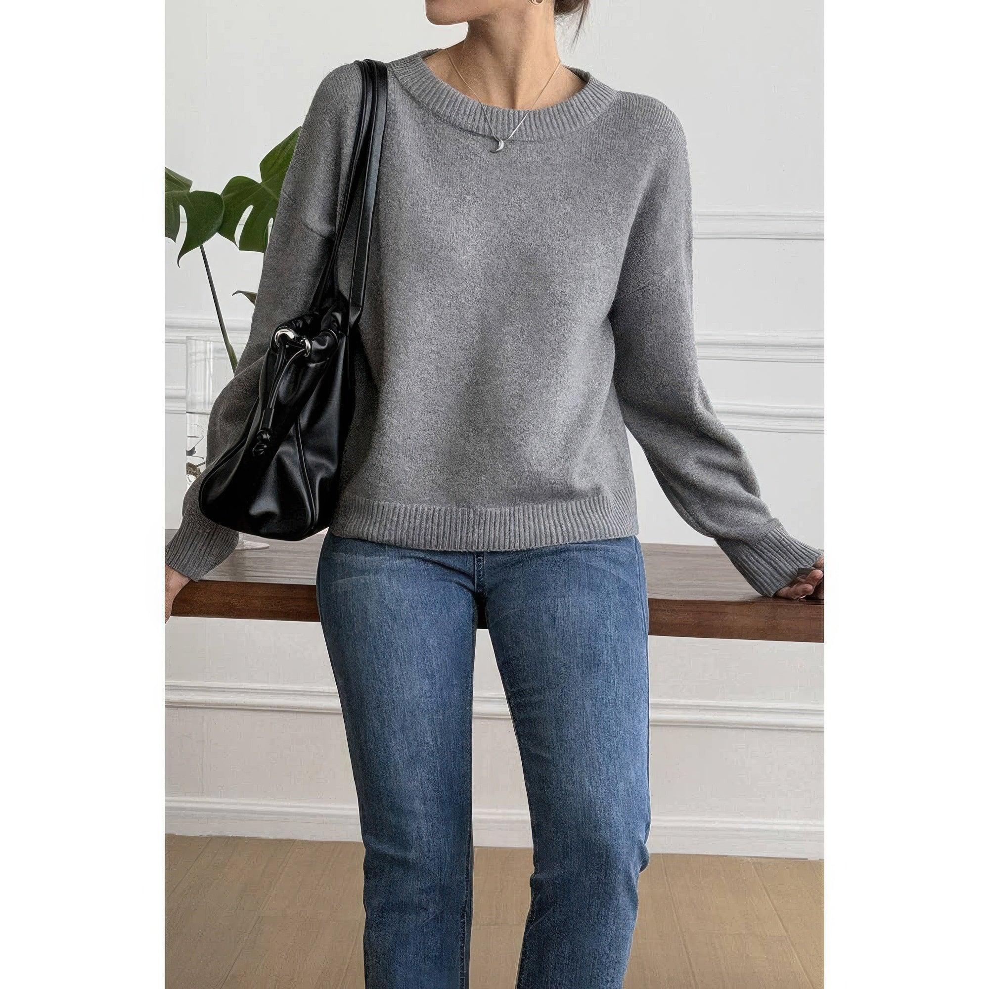 Solid Round Neck Long Sleeve Drop Shoulder Sweater | Mixtshop LLC