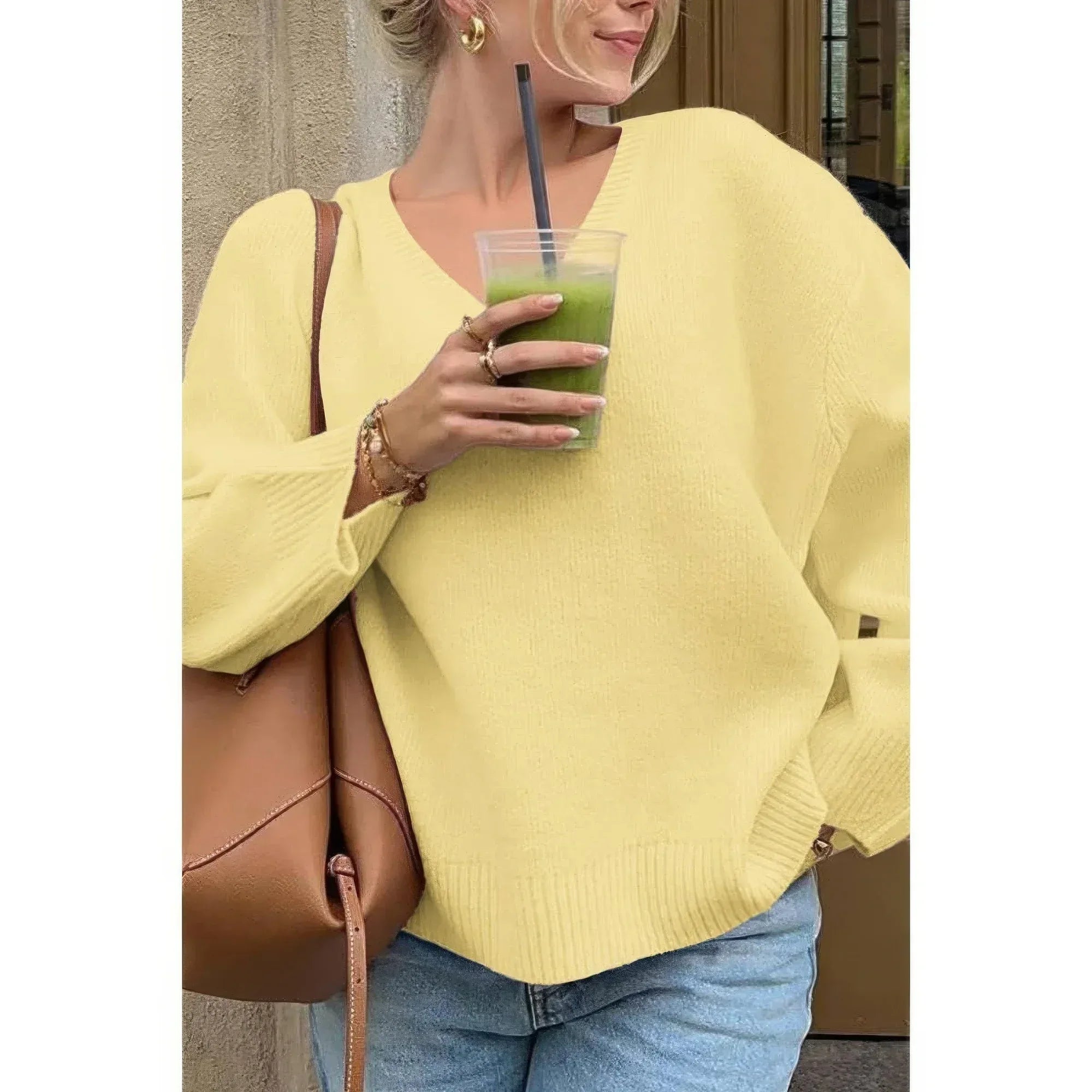 Solid V Neck Loose Knit Vintage Sweater | Mixtshop LLC