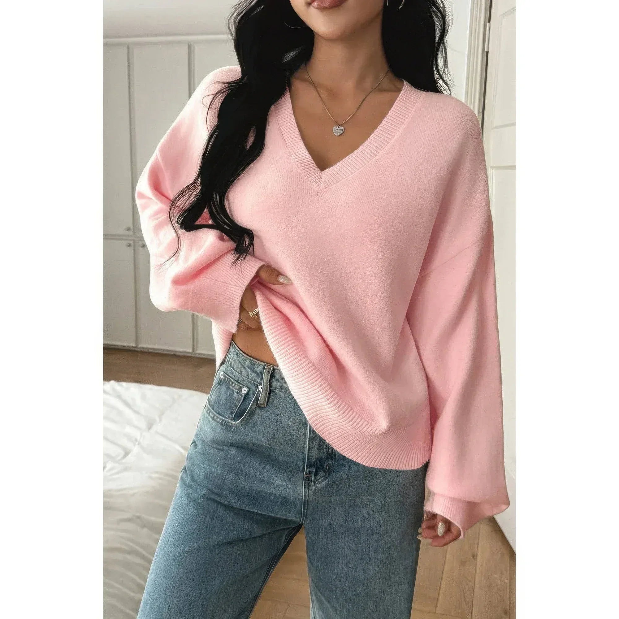 Solid V Neck Loose Knit Vintage Sweater | Mixtshop LLC