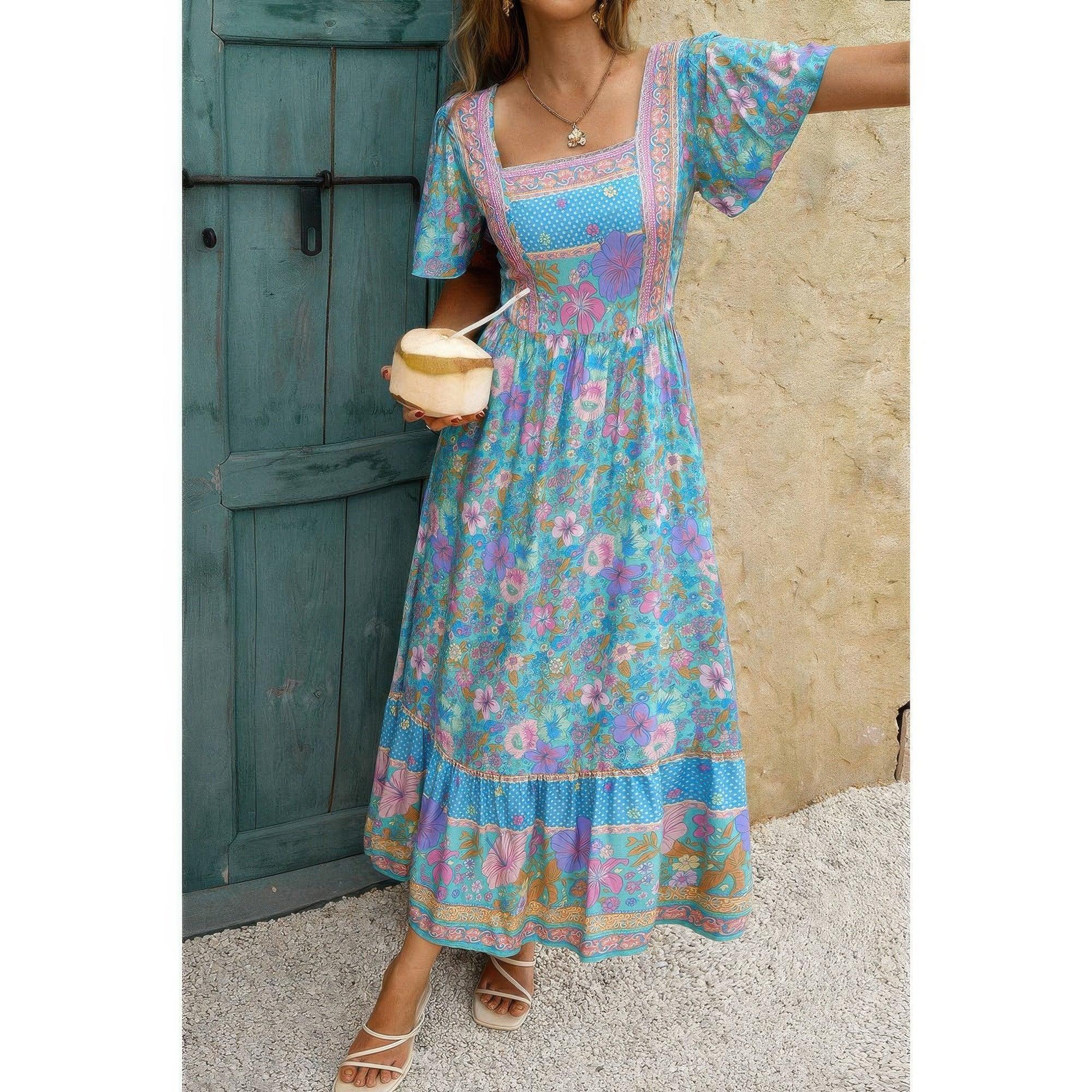 Square Neck Boho Floral A Line Fit Dress | Mixtshop LLC