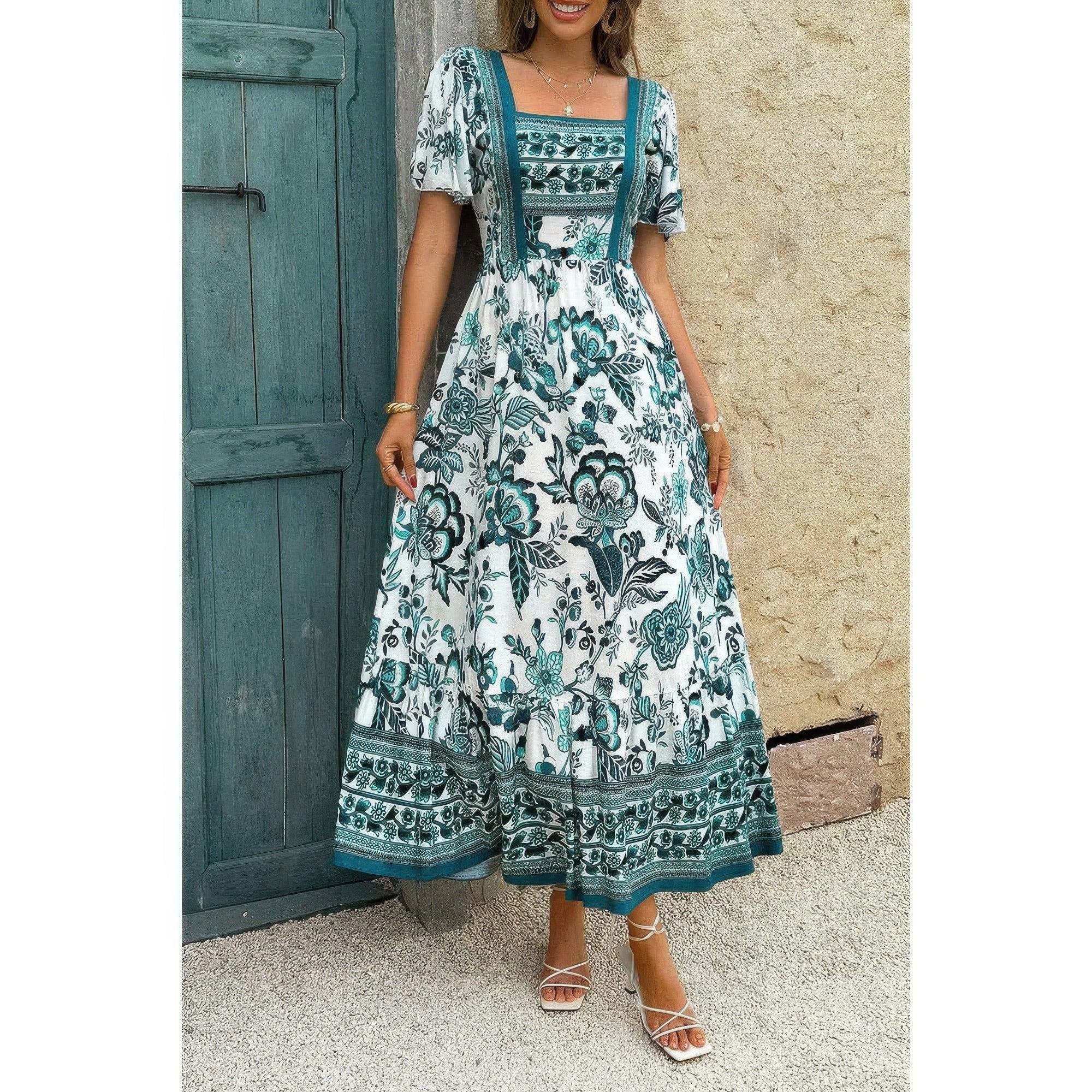 Square Neck Floral Printed Ankle Length A Line Dress | Mixtshop LLC