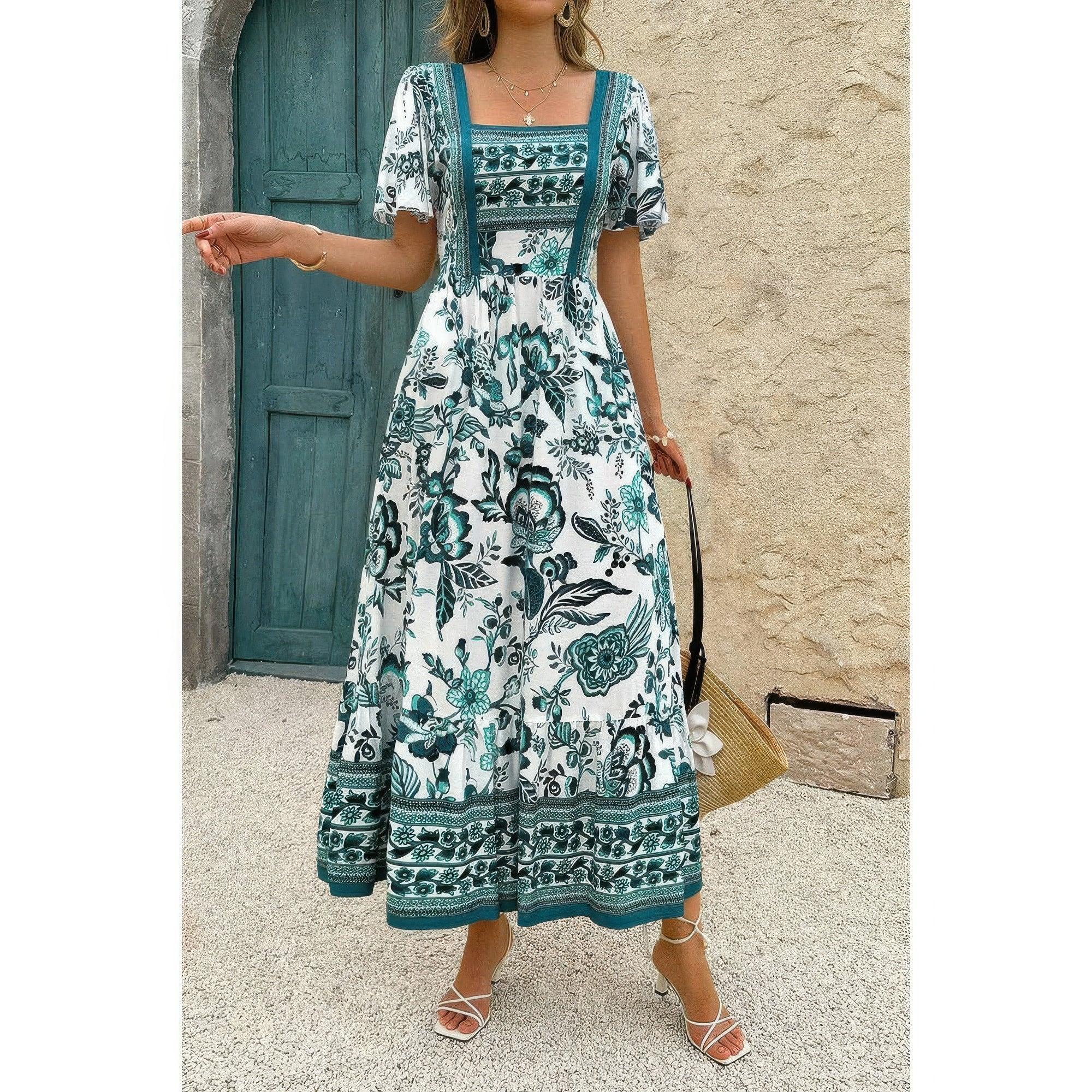 Square Neck Floral Printed Ankle Length A Line Dress Secondary image