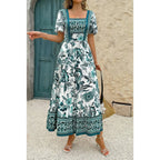 Square Neck Floral Printed Ankle Length A Line Dress | Mixtshop LLC