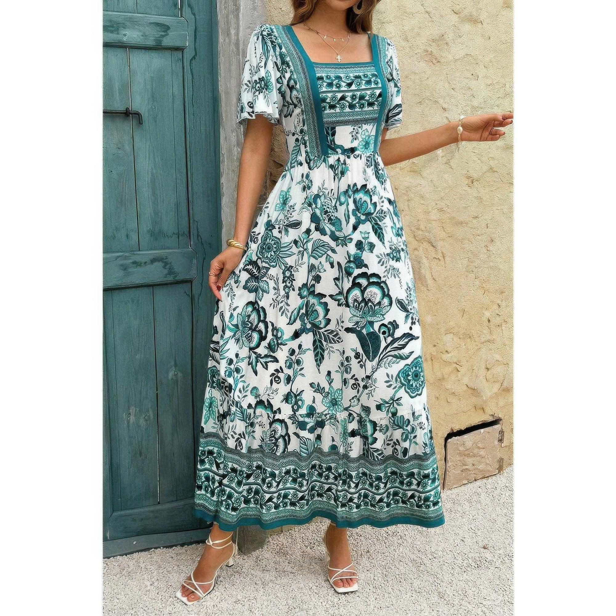 Square Neck Floral Printed Ankle Length A Line Dress | Mixtshop LLC