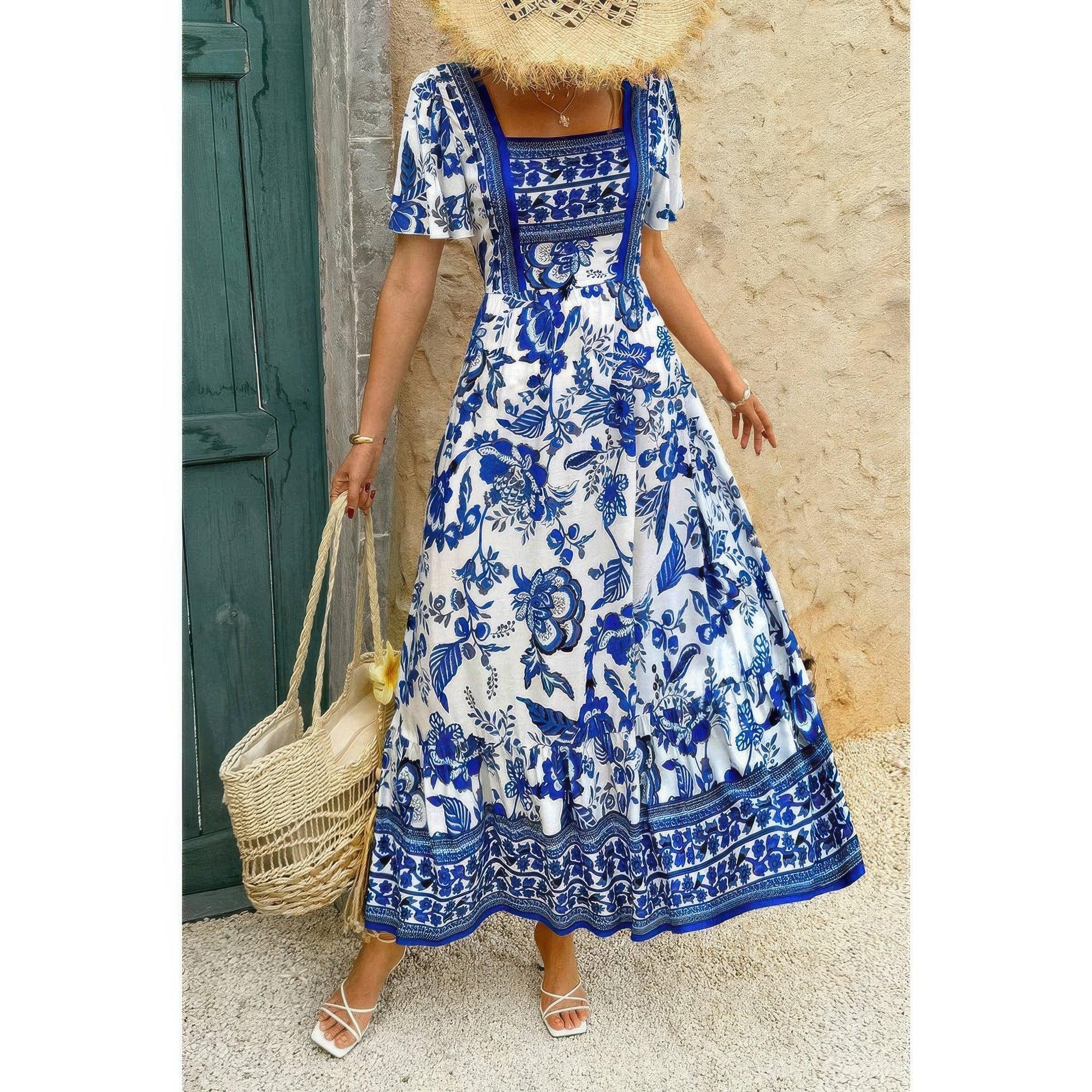 Square Neck Floral Printed Ankle Length A Line Dress | Mixtshop LLC