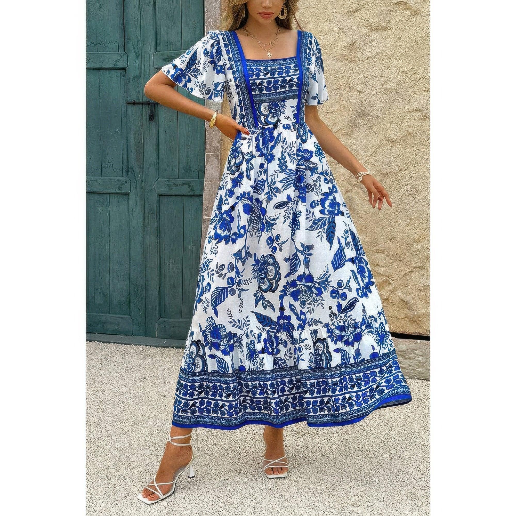 Square Neck Floral Printed Ankle Length A Line Dress | Mixtshop LLC
