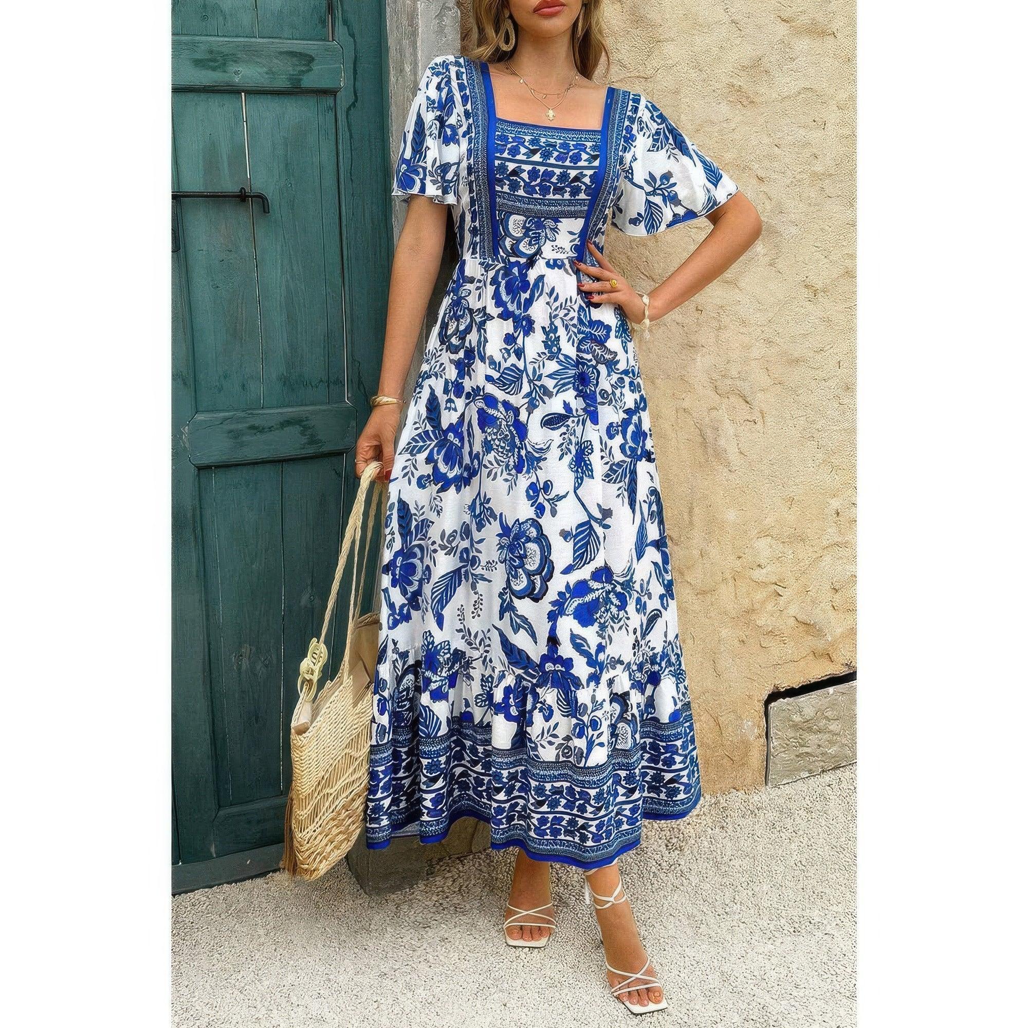 Square Neck Floral Printed Ankle Length A Line Dress | Mixtshop LLC