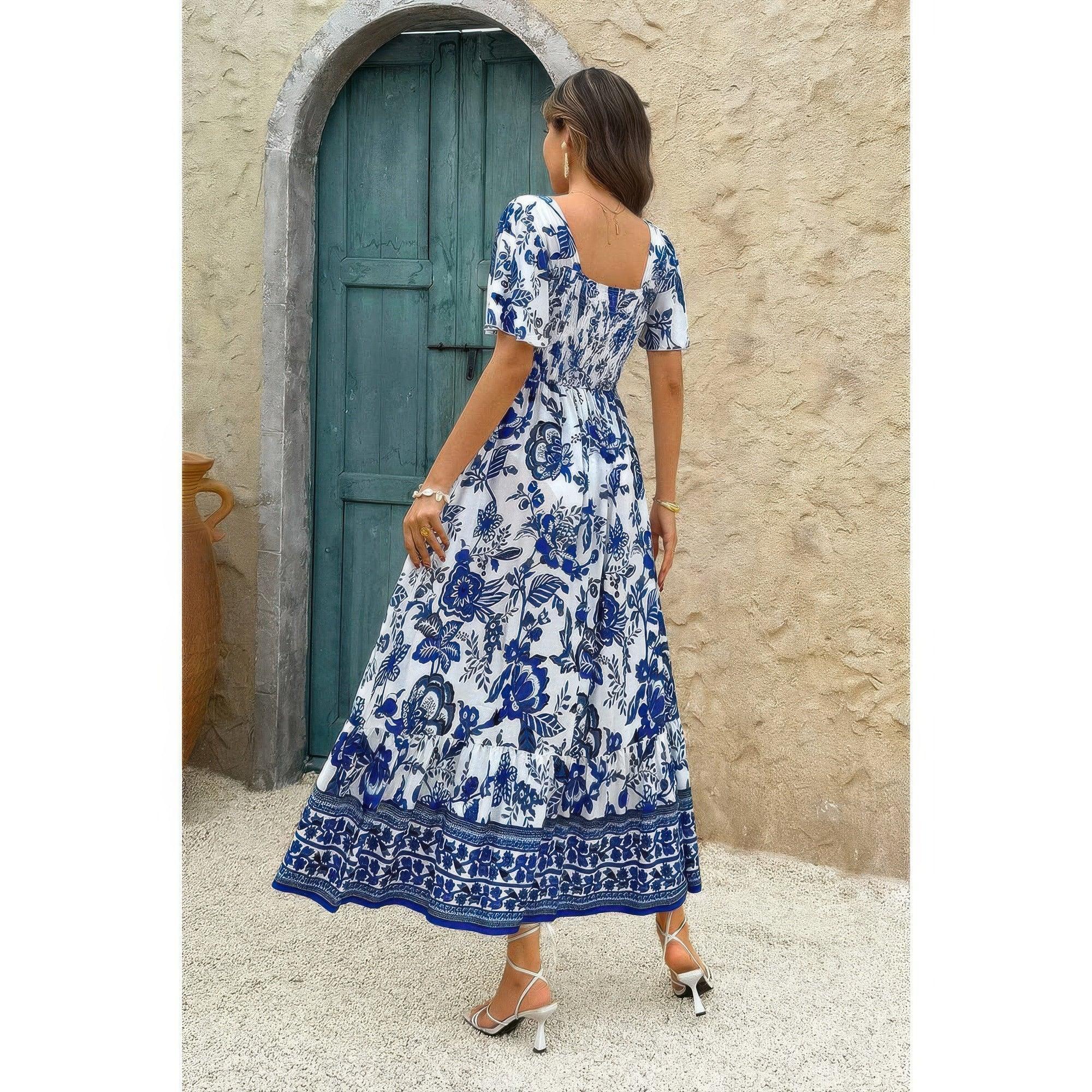 Square Neck Floral Printed Ankle Length A Line Dress | Mixtshop LLC