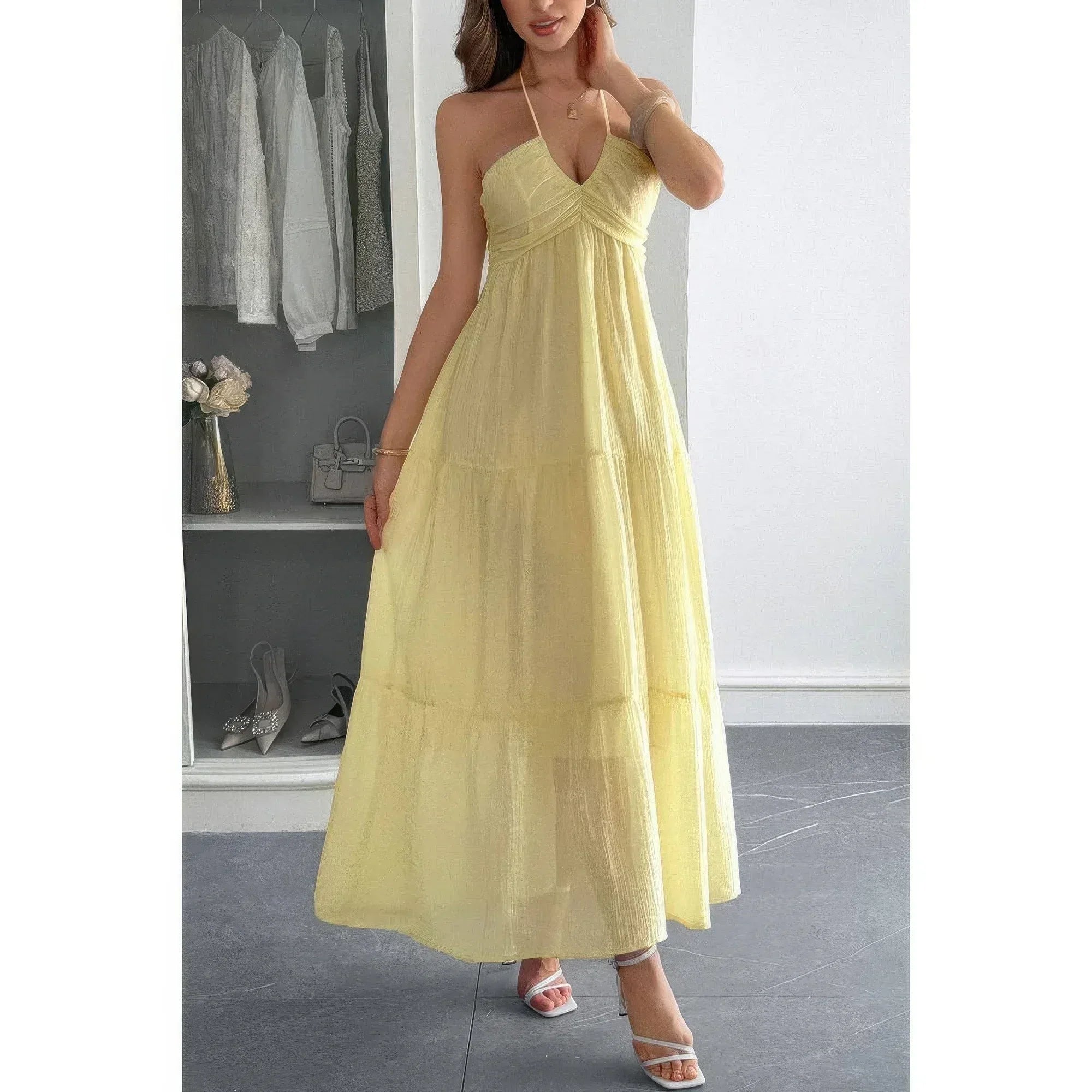 Solid Halter Muse Tiered Ruffle Long Dress | Mixtshop LLC Main image