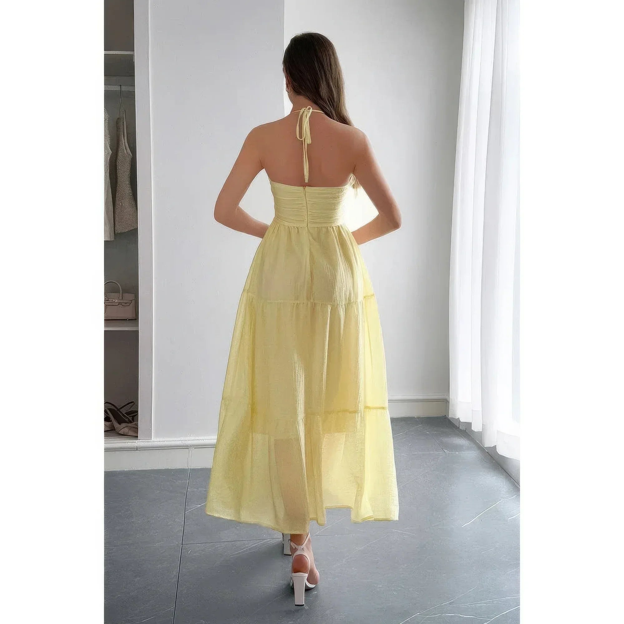 Solid Halter Muse Tiered Ruffle Long Dress | Mixtshop LLC