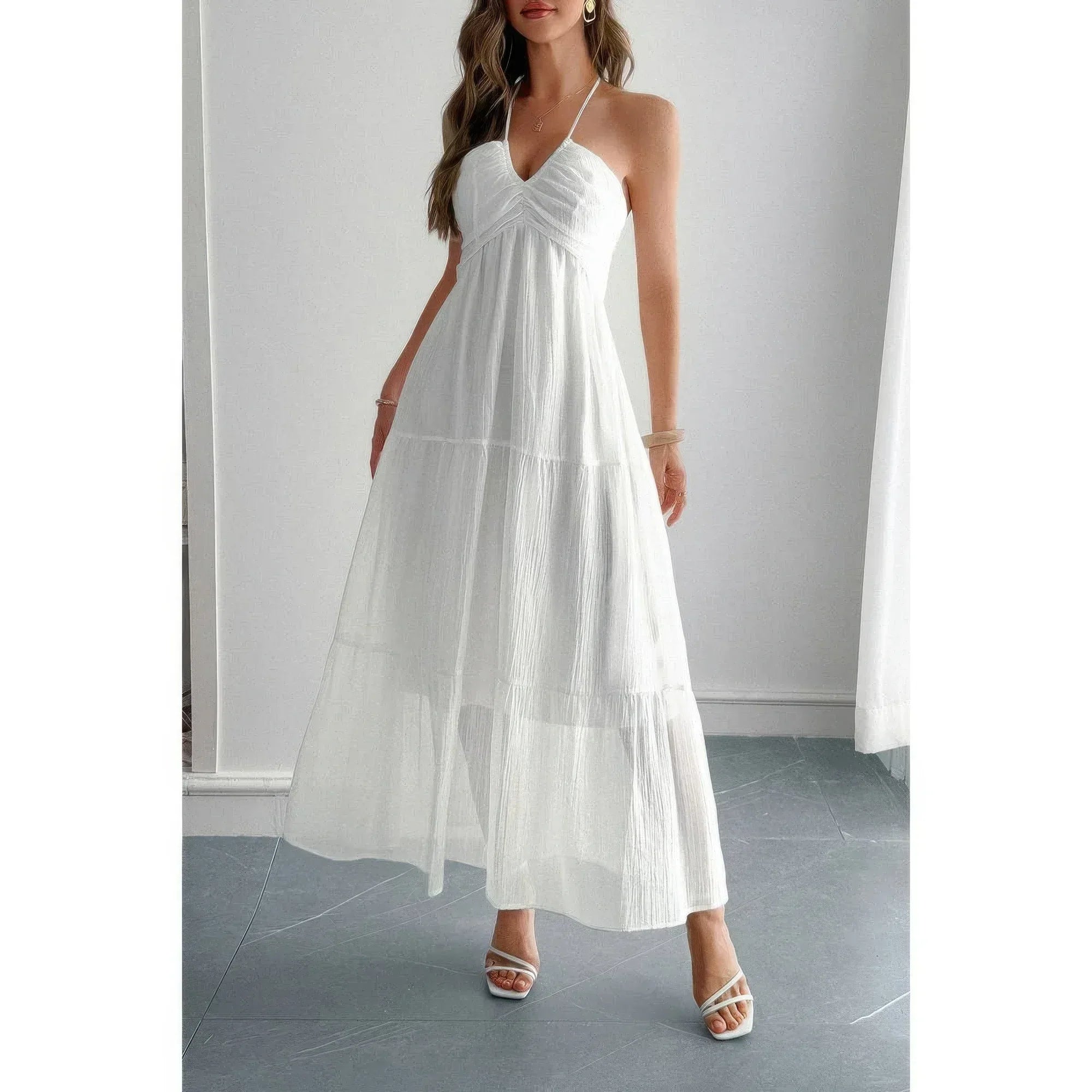 Solid Halter Muse Tiered Ruffle Long Dress | Mixtshop LLC