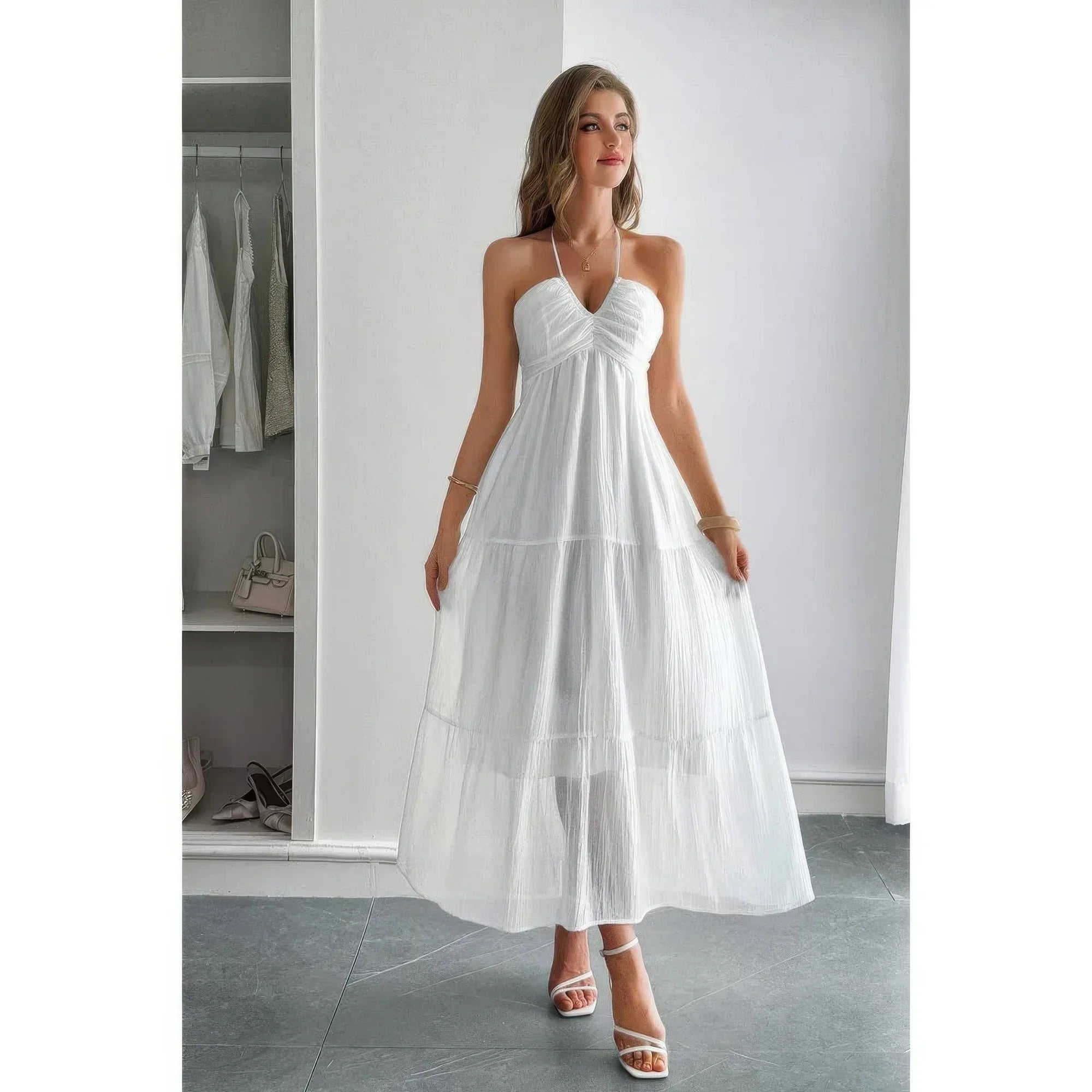 Solid Halter Muse Tiered Ruffle Long Dress | Mixtshop LLC