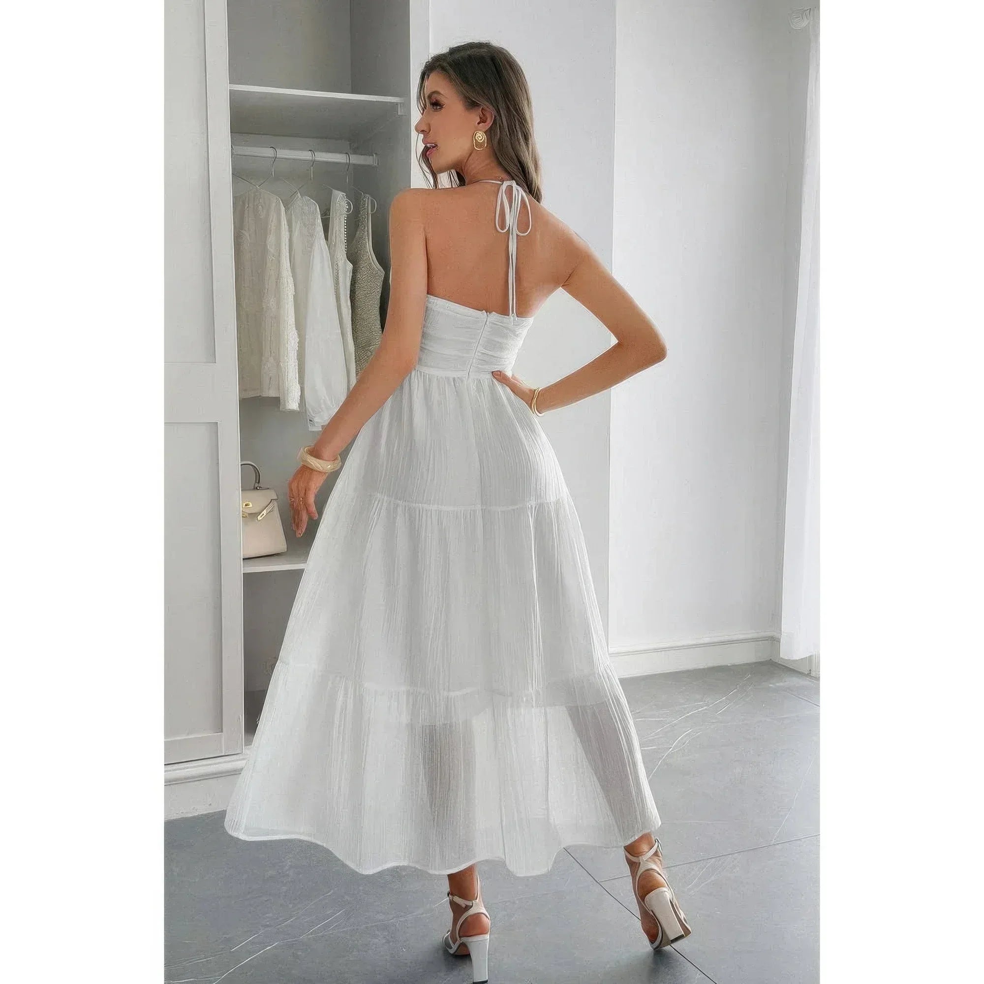 Solid Halter Muse Tiered Ruffle Long Dress | Mixtshop LLC