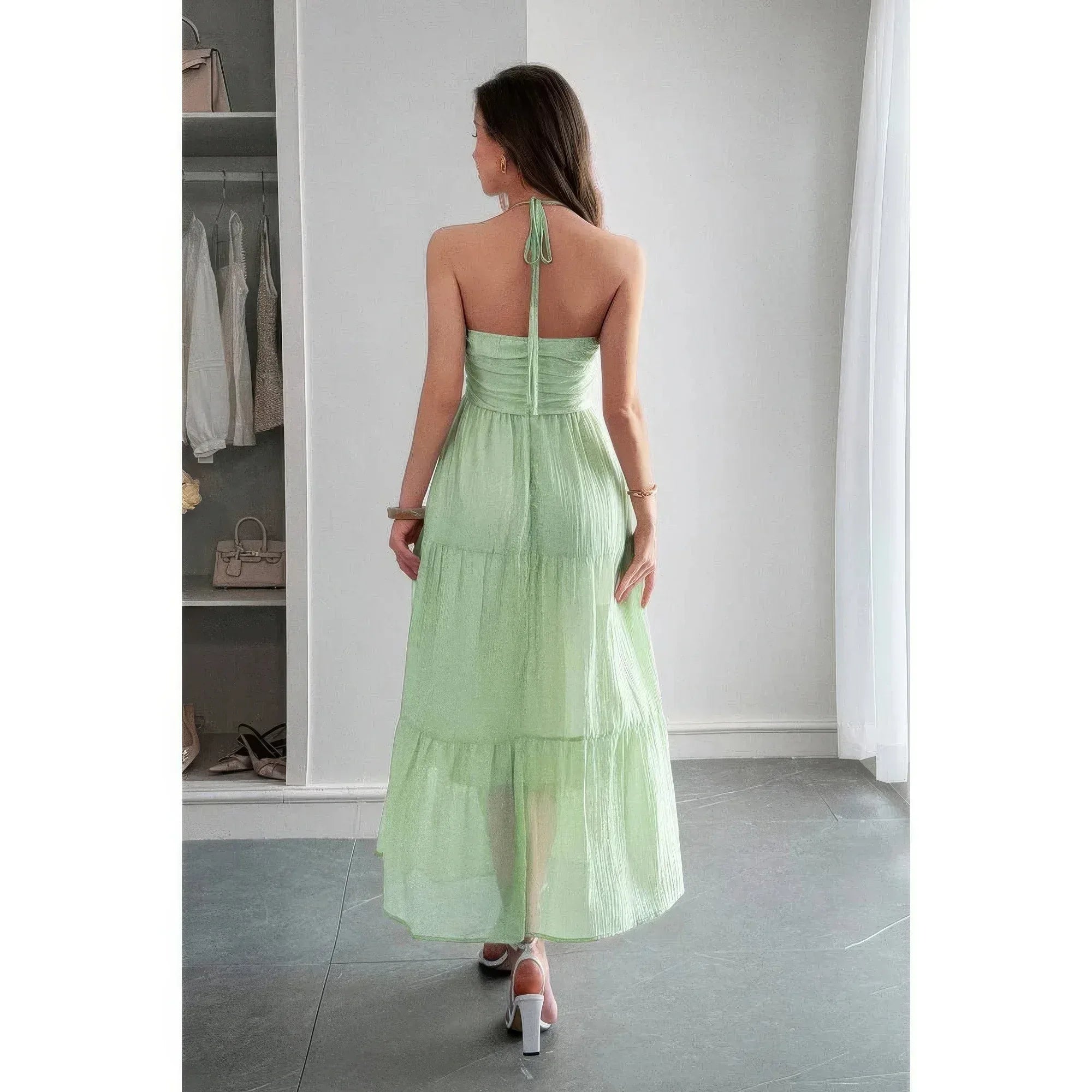 Solid Halter Muse Tiered Ruffle Long Dress | Mixtshop LLC