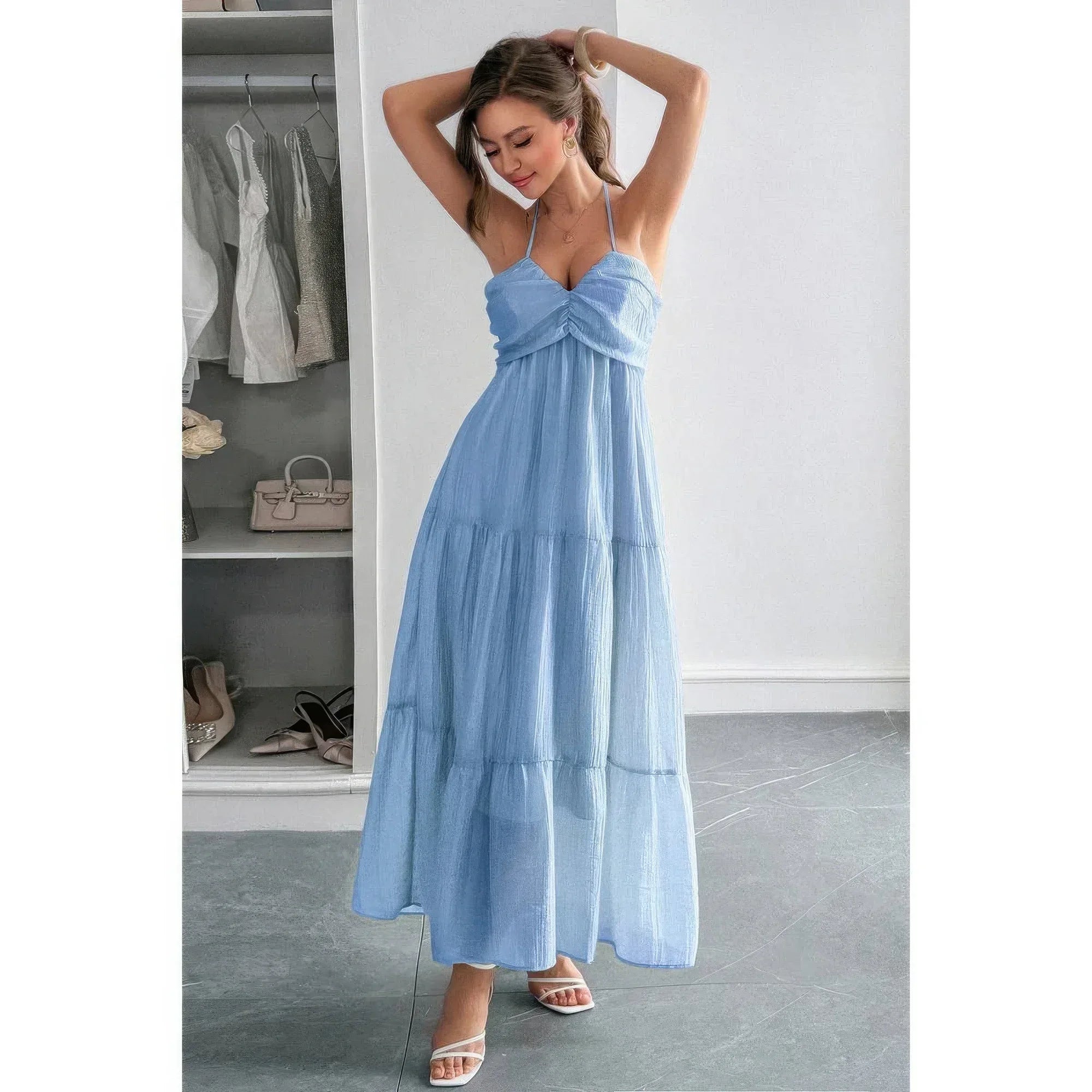 Solid Halter Muse Tiered Ruffle Long Dress | Mixtshop LLC
