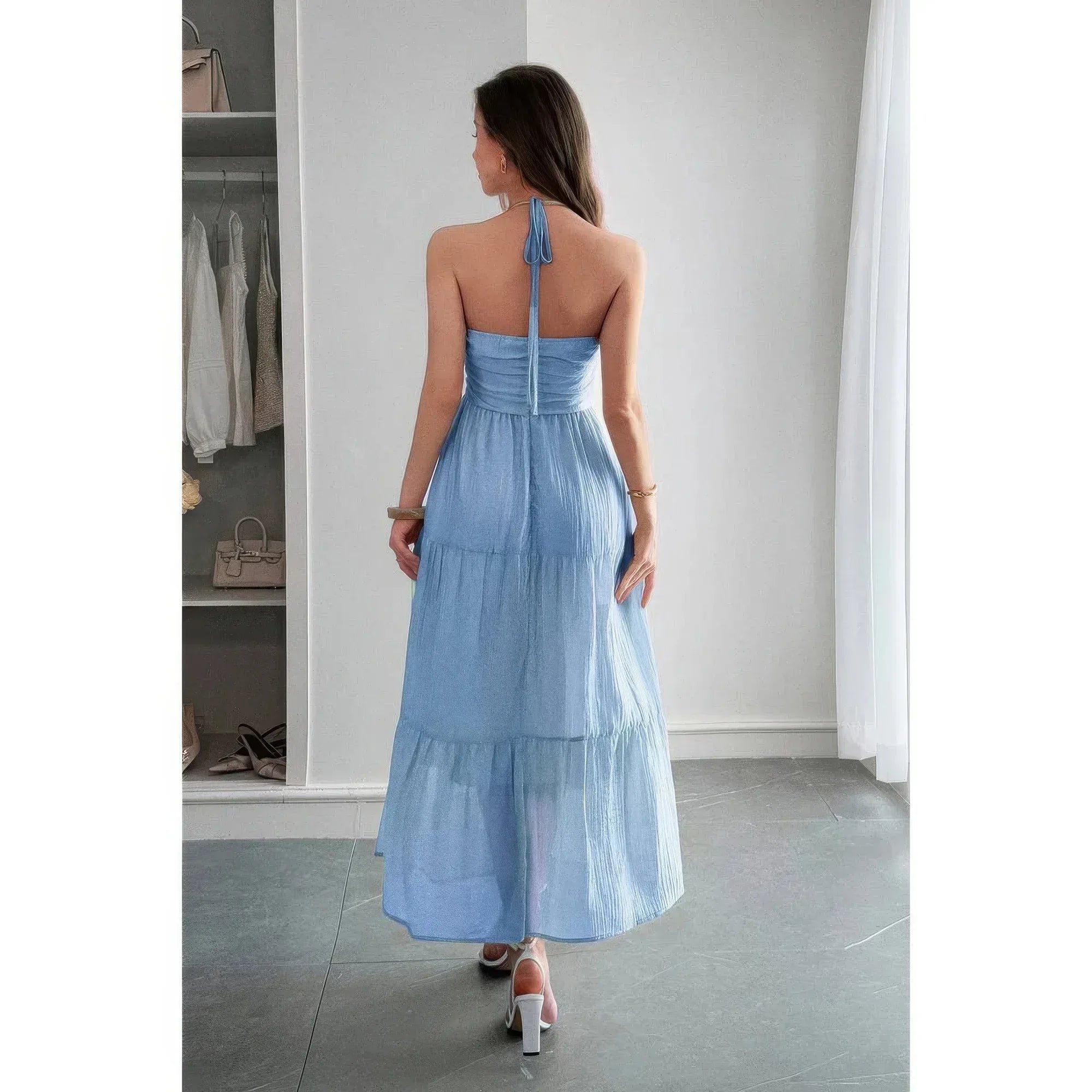 Solid Halter Muse Tiered Ruffle Long Dress | Mixtshop LLC